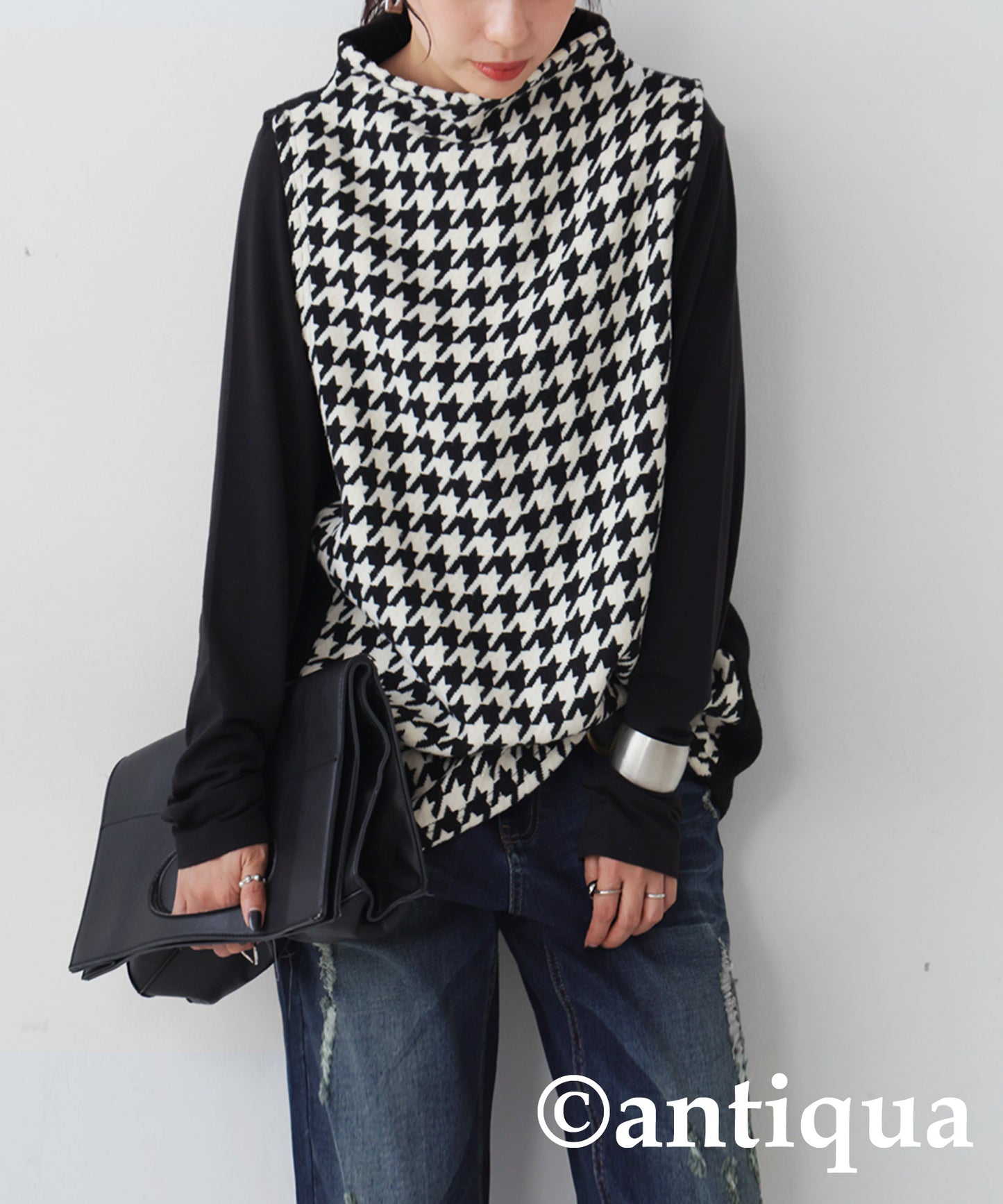 Houndstooth pattern knit vest Ladies