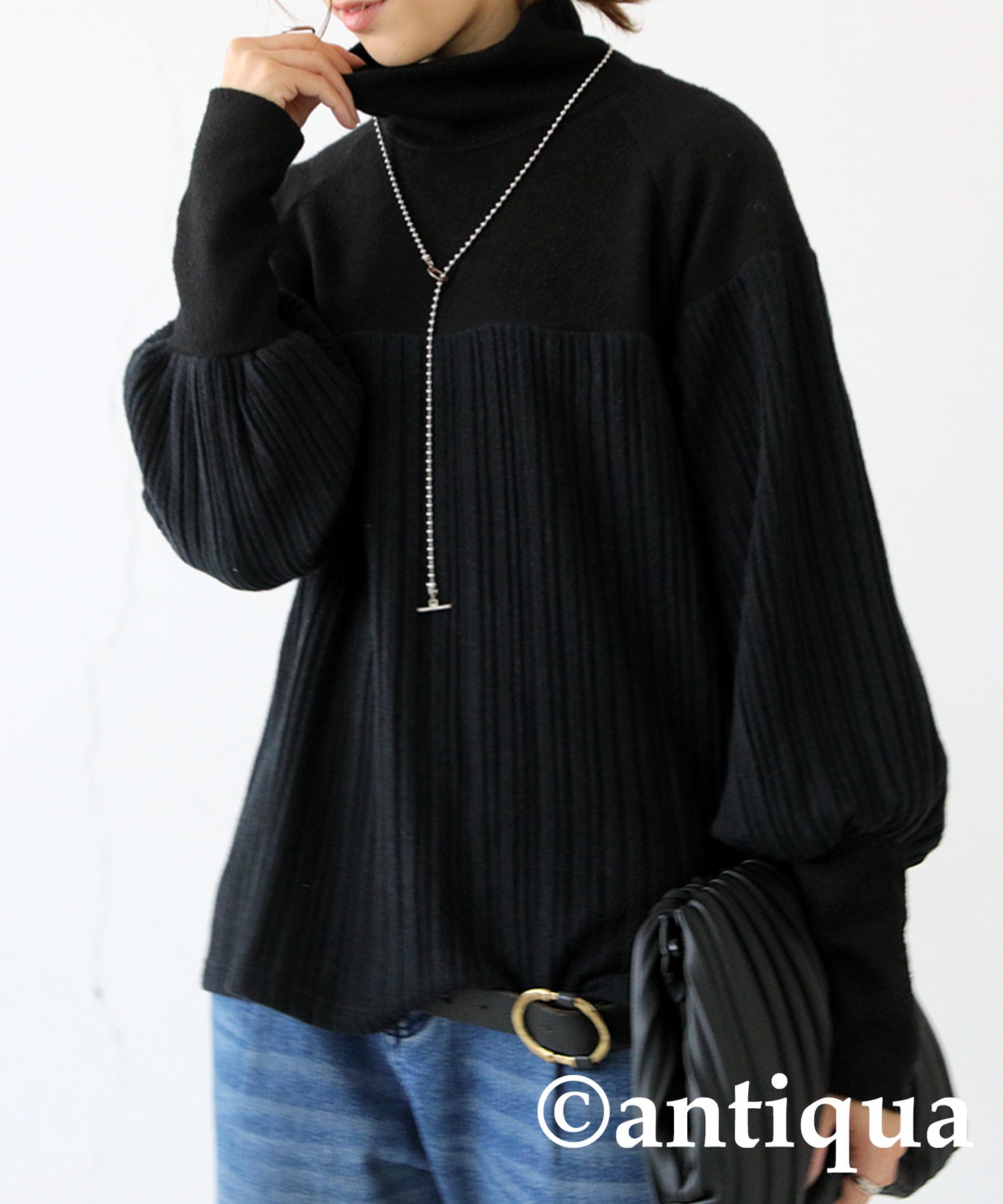 Knit Switching High Neck Tops Ladies