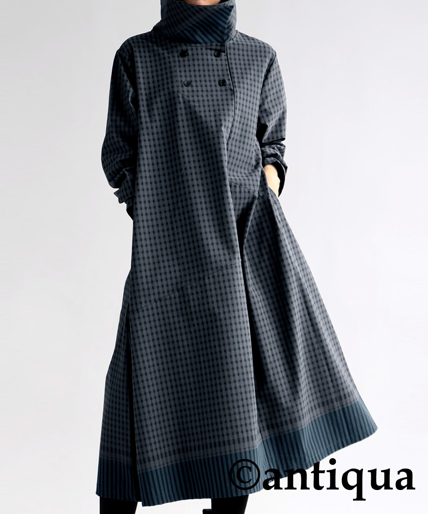 Check Pattern High Collar Dress Ladies