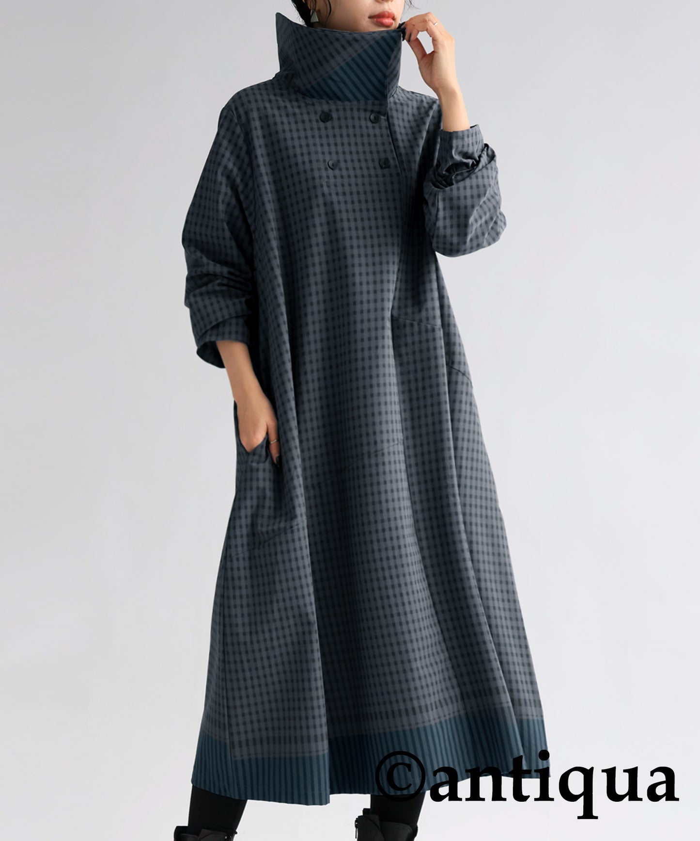 Check Pattern High Collar Dress Ladies