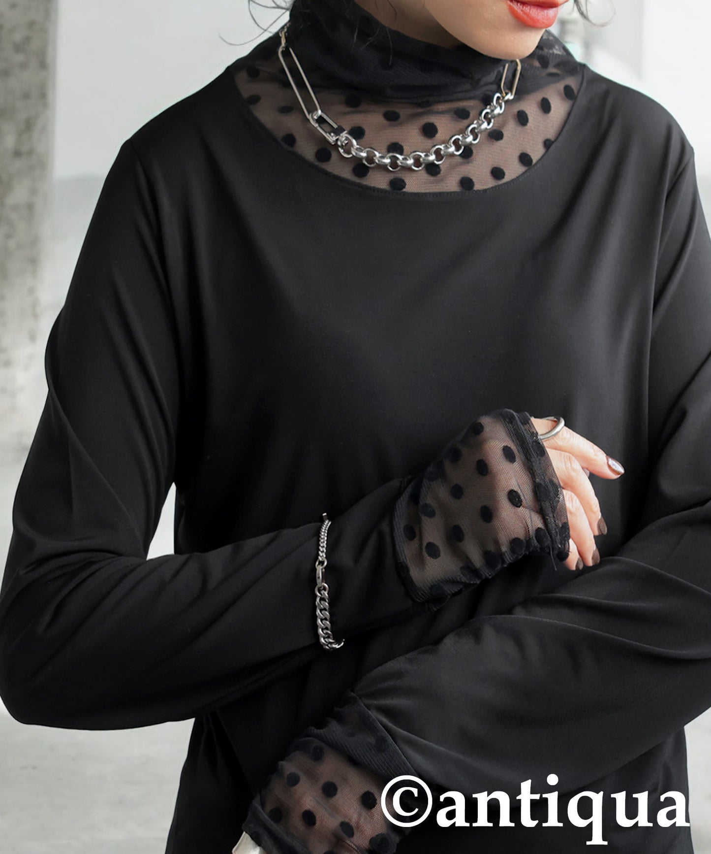 Dot Sheer Contrast Tops Ladies