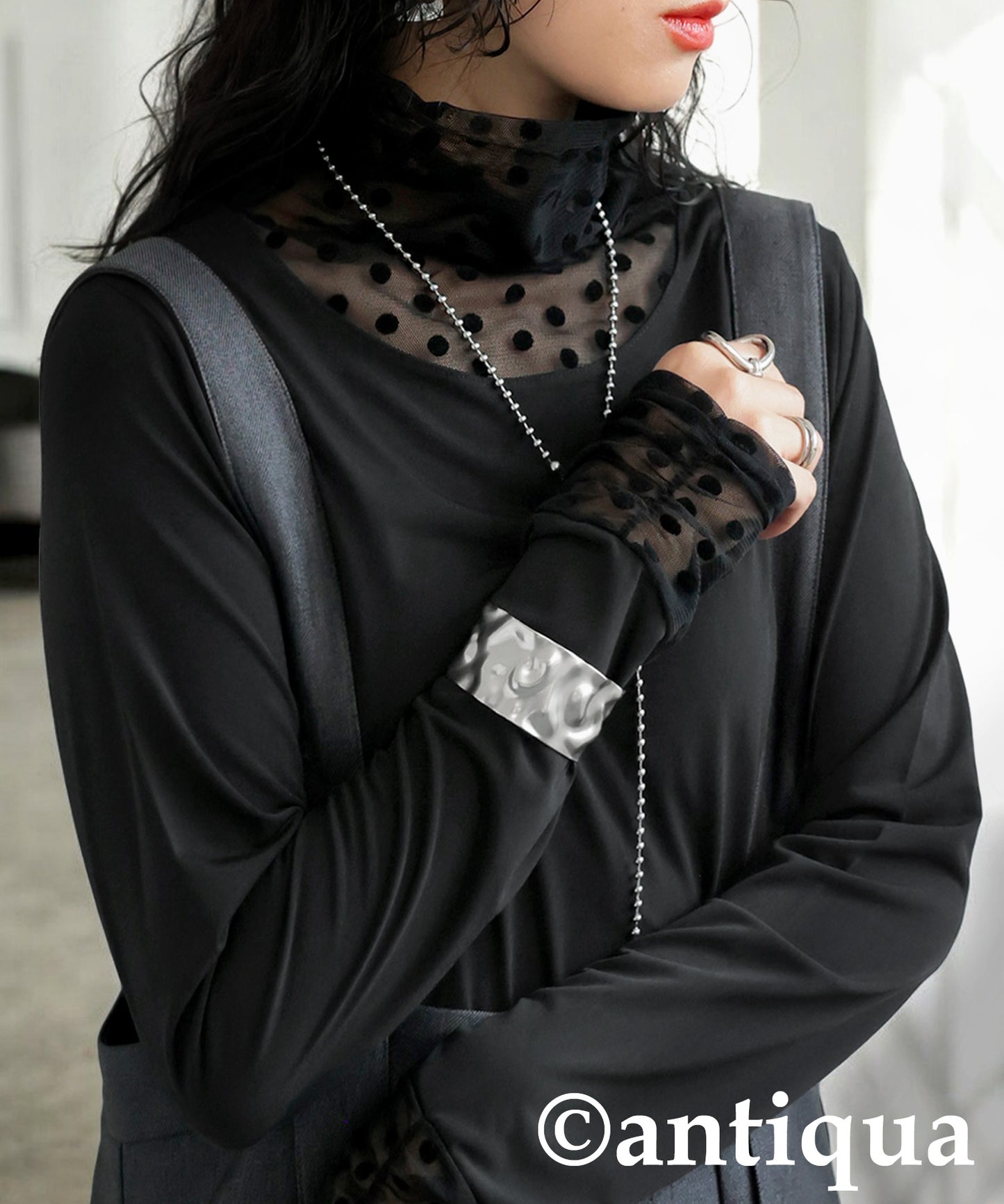 Dot Sheer Contrast Tops Ladies