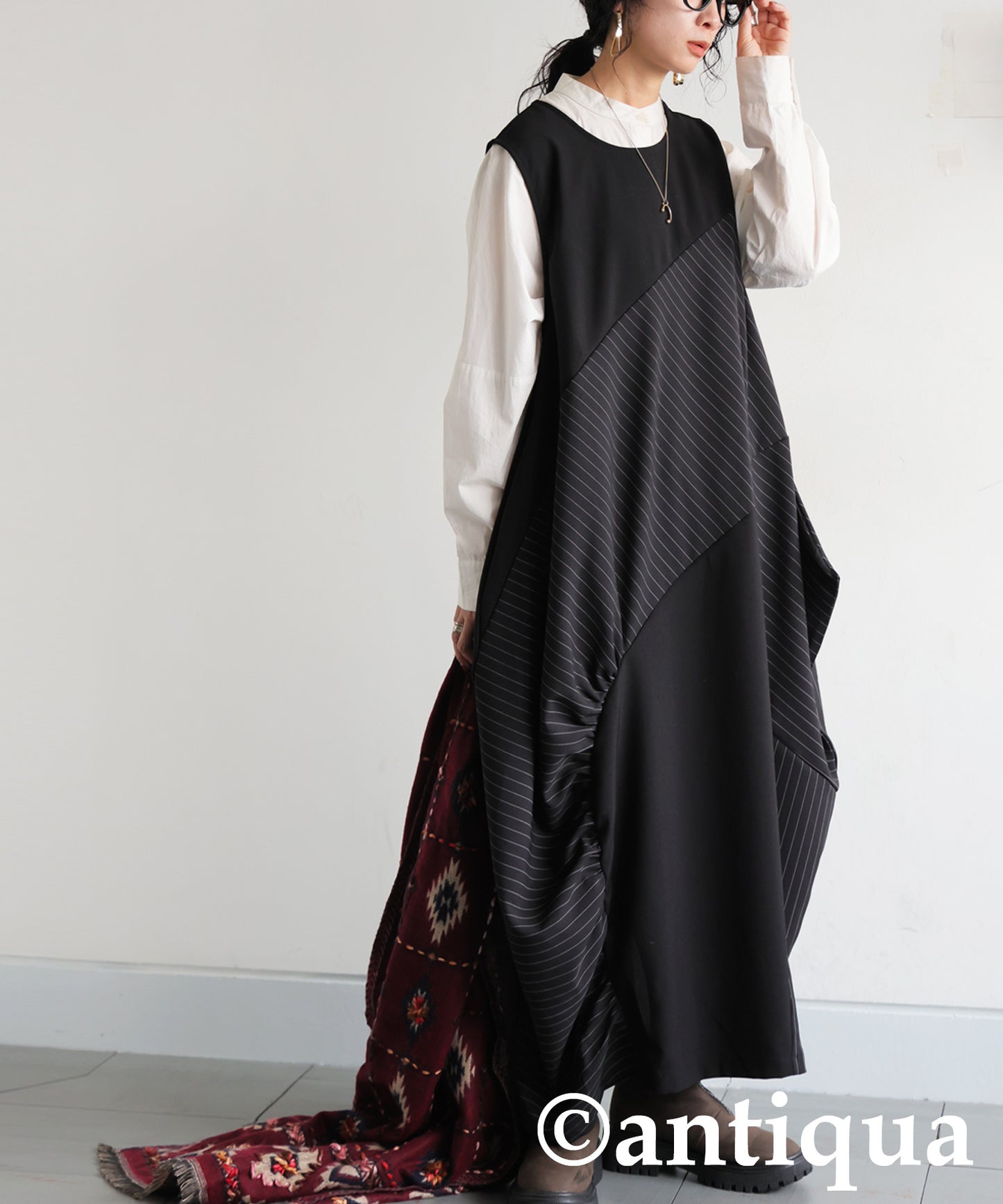 Mixed-Material Gathered Dress Ladies