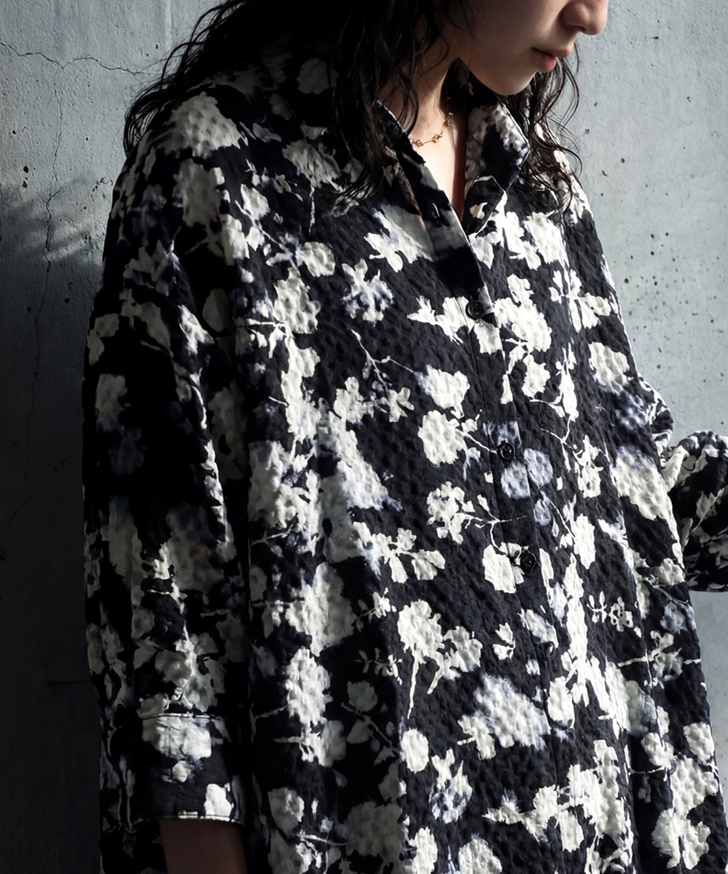 Short-Sleeved Floral Print Long Shirt Dress Ladies