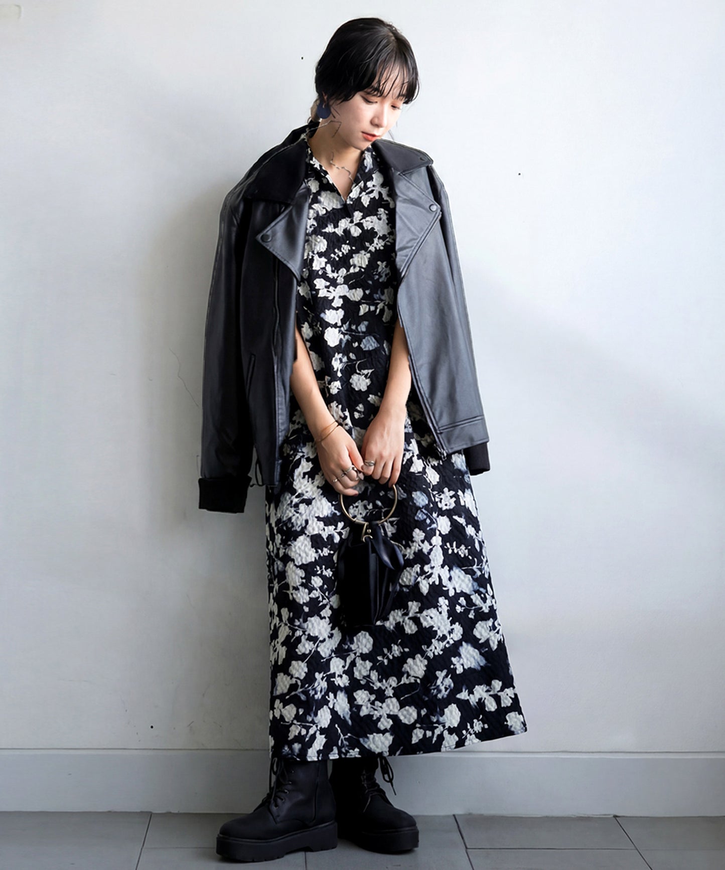 Short-Sleeved Floral Print Long Shirt Dress Ladies