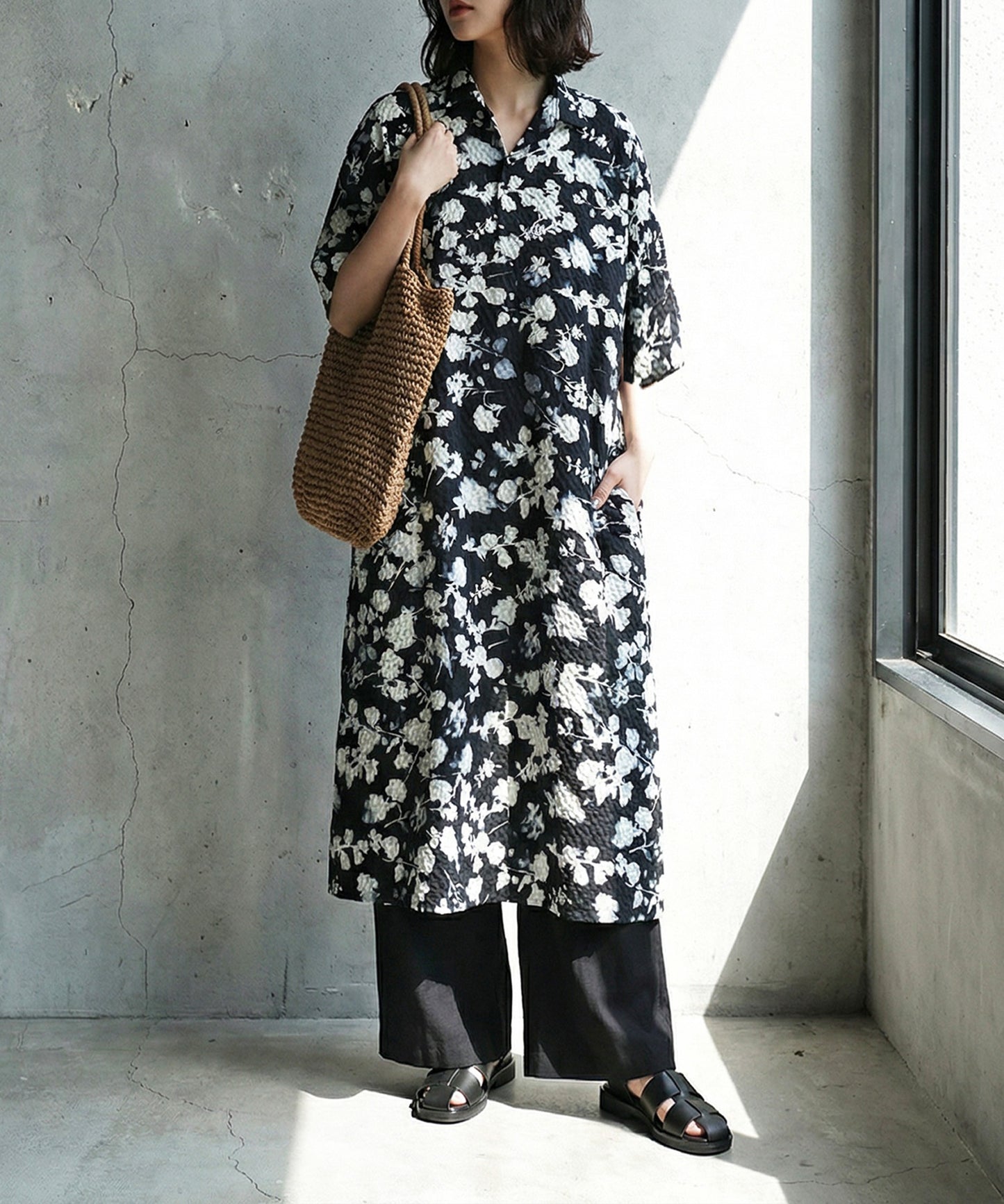 Short-Sleeved Floral Print Long Shirt Dress Ladies