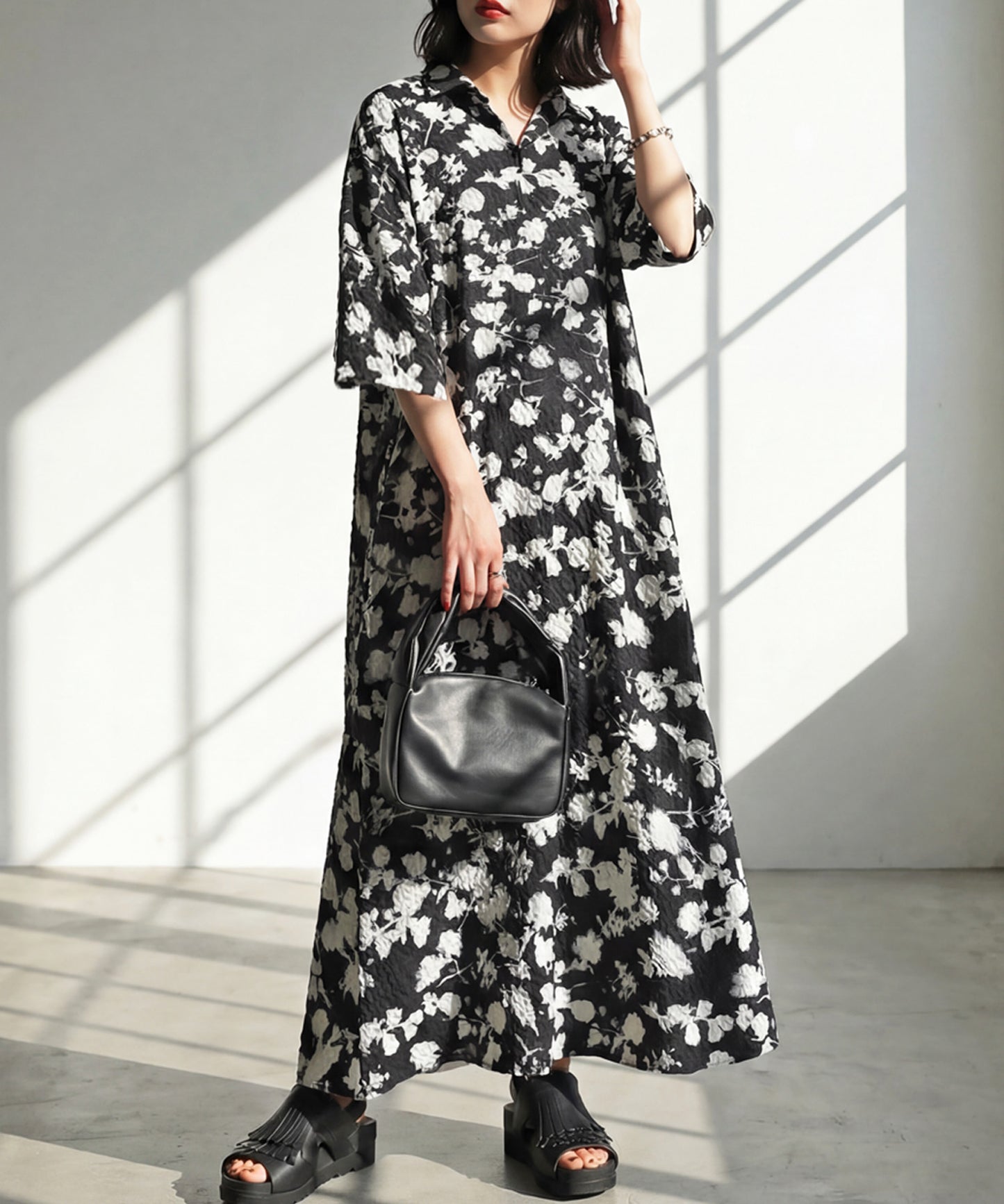 Short-Sleeved Floral Print Long Shirt Dress Ladies