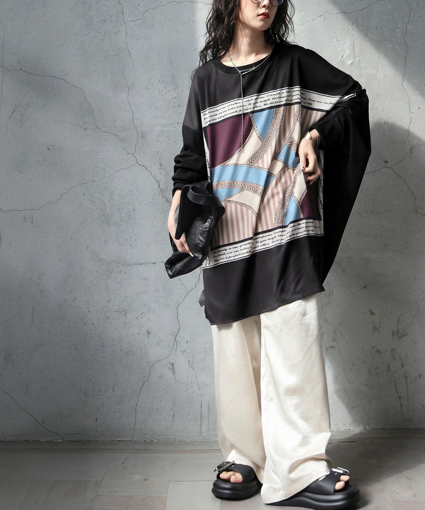 Mixed Material Dolman Long T-Shirt Ladies