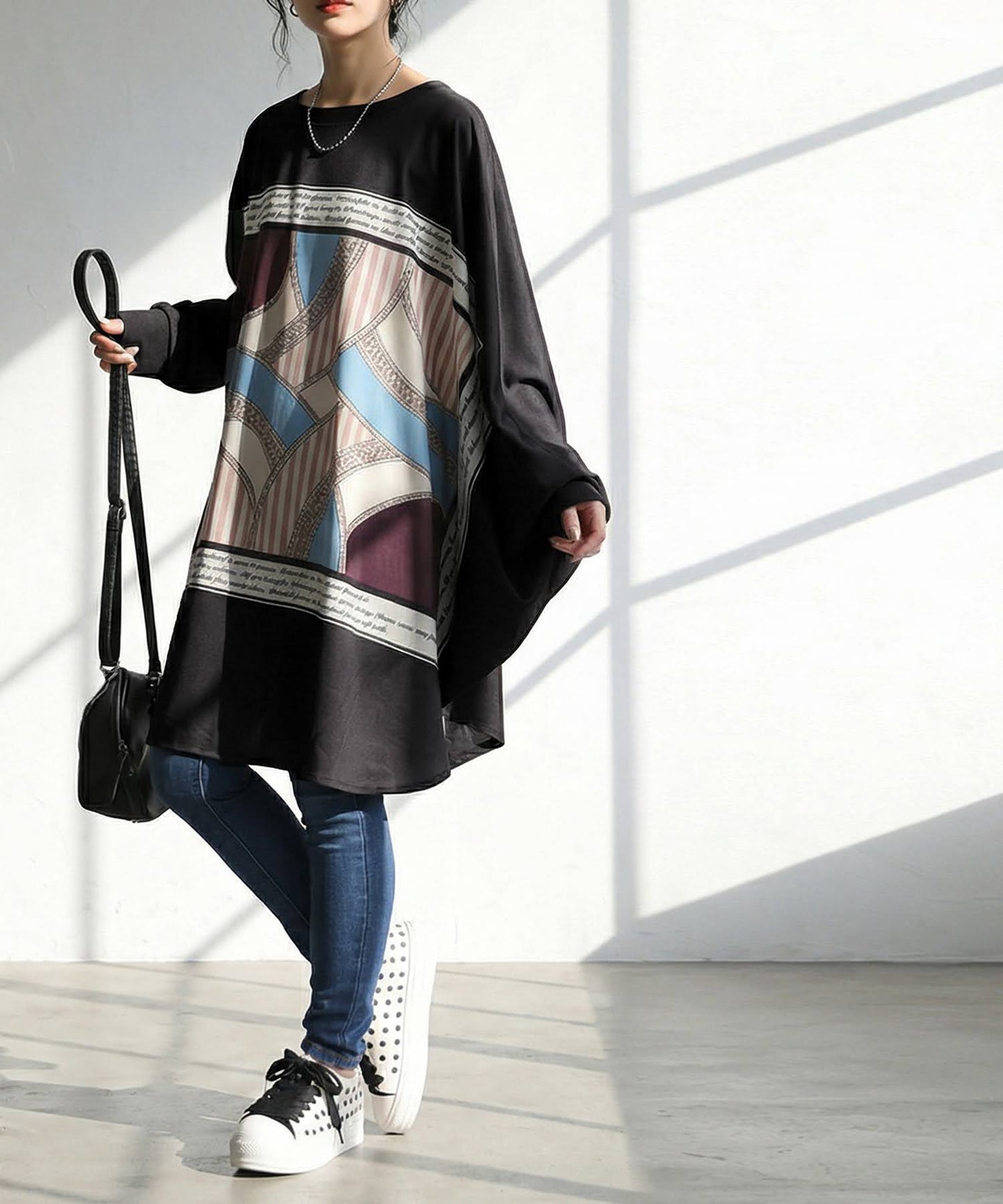 Mixed Material Dolman Long T-Shirt Ladies