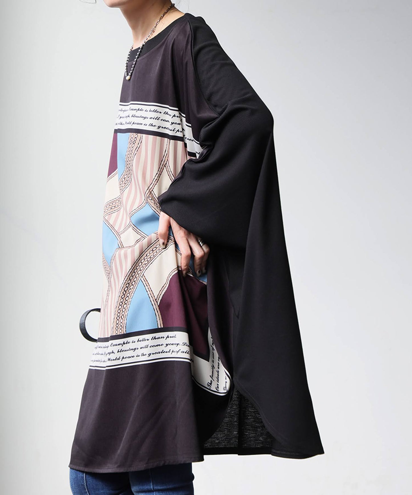 Mixed Material Dolman Long T-Shirt Ladies