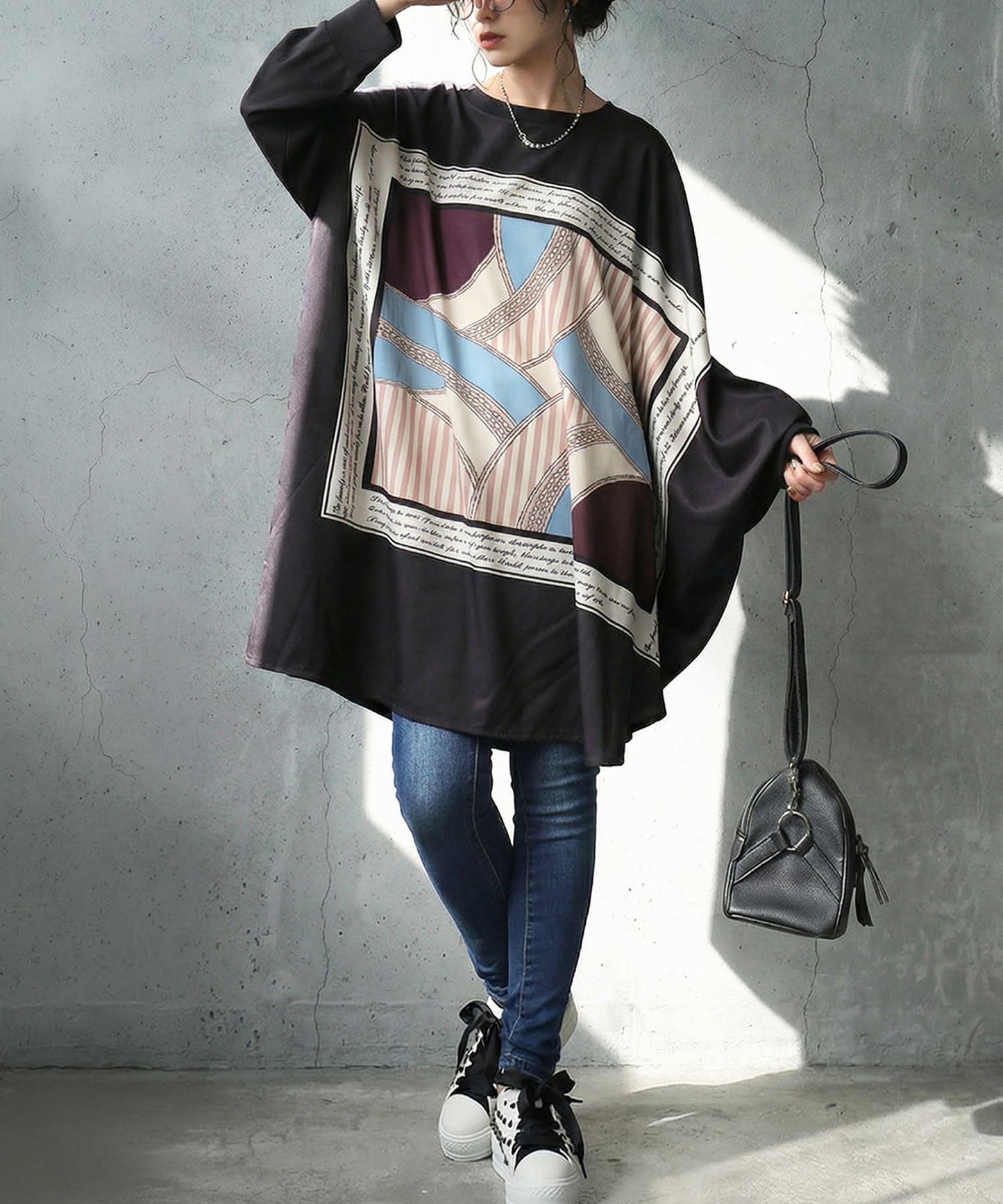 Mixed Material Dolman Long T-Shirt Ladies