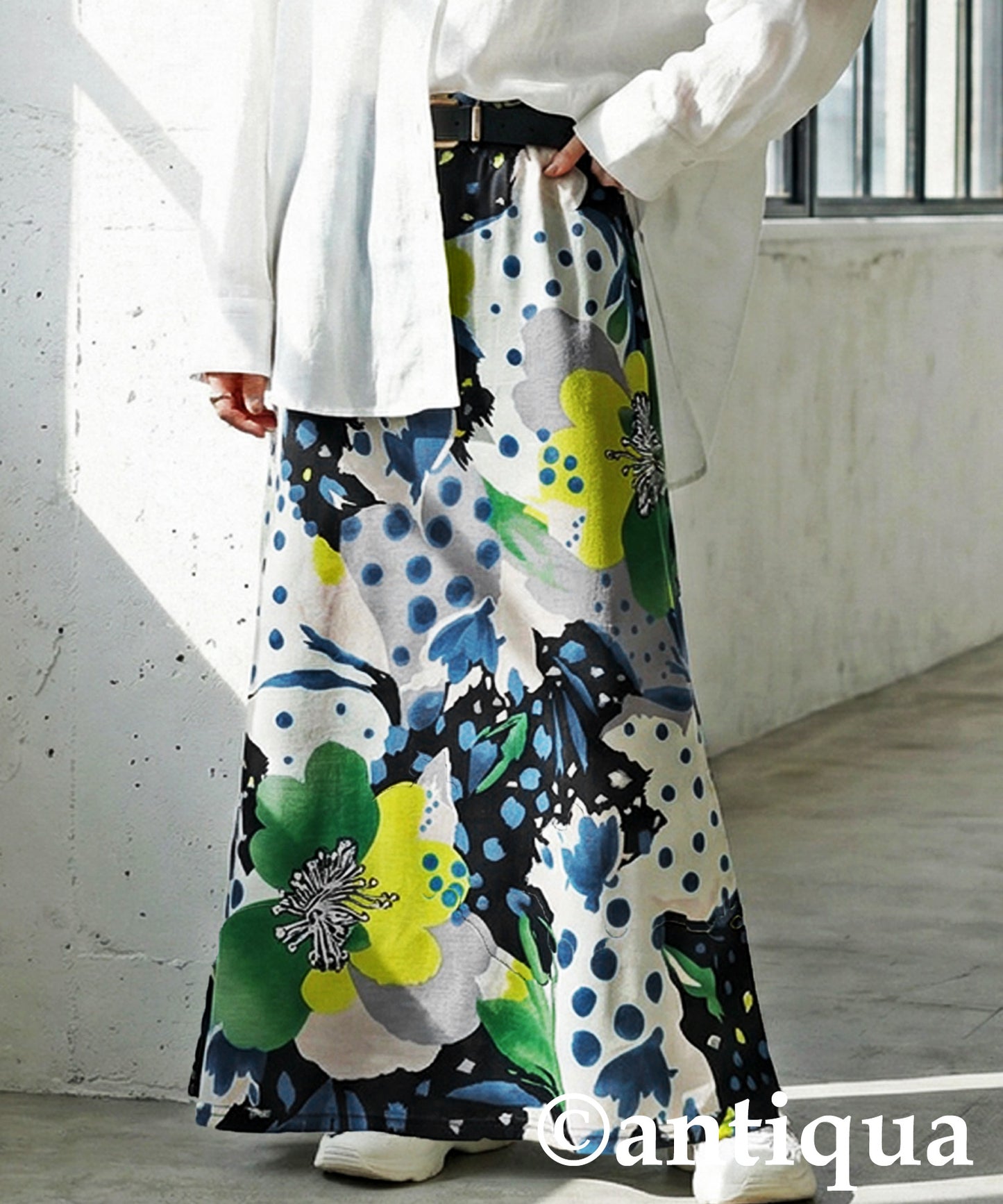 Dot and Floral Print Long Skirt Ladies