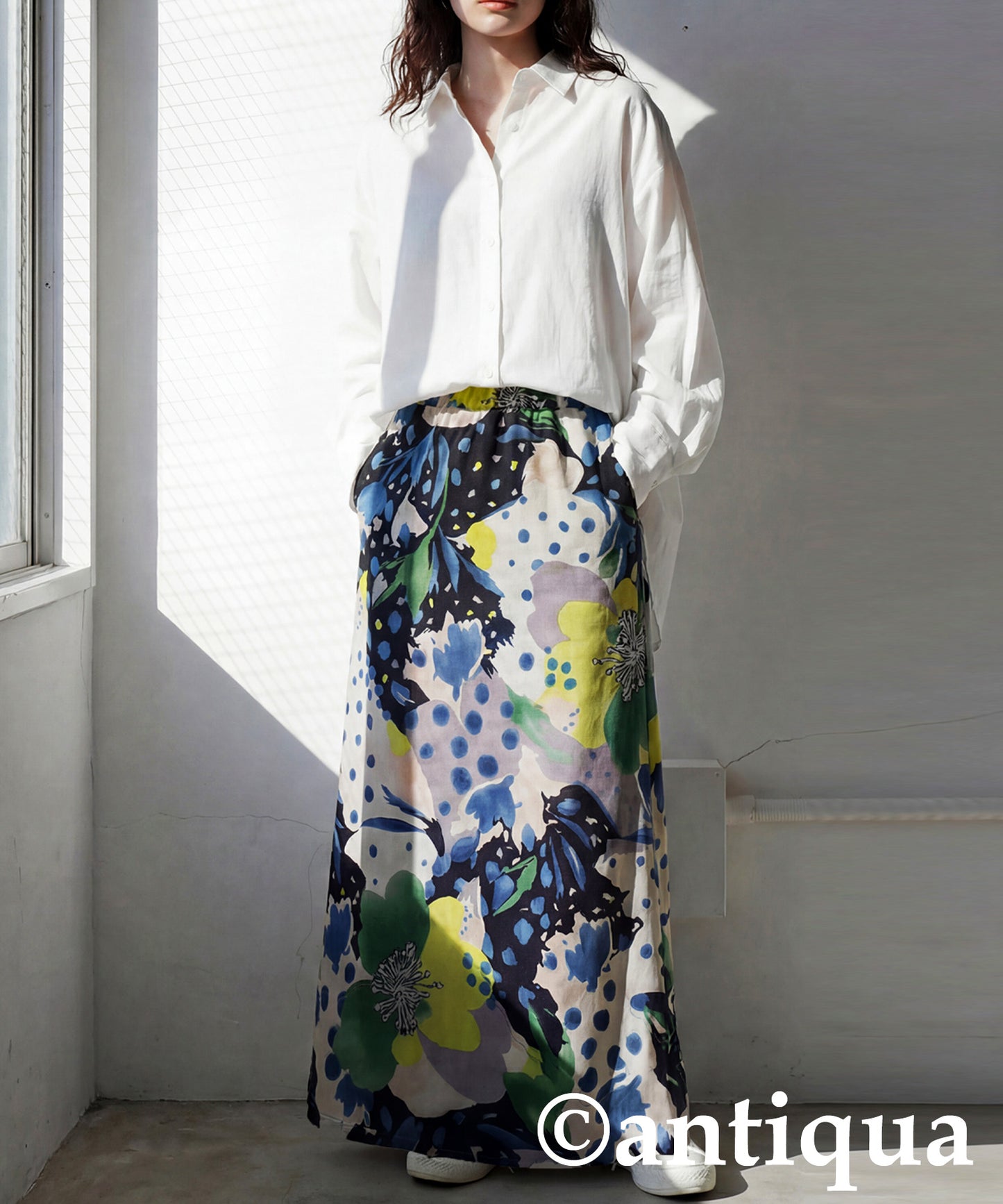 Dot and Floral Print Long Skirt Ladies