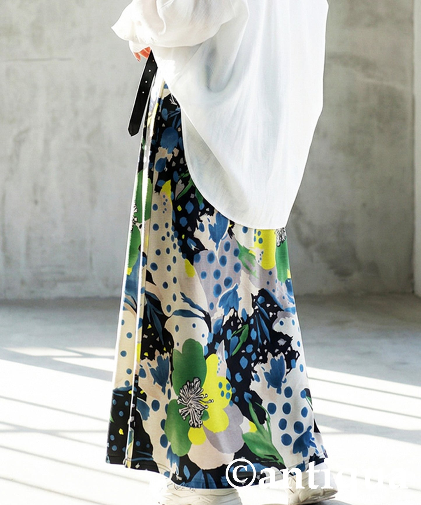 Dot and Floral Print Long Skirt Ladies