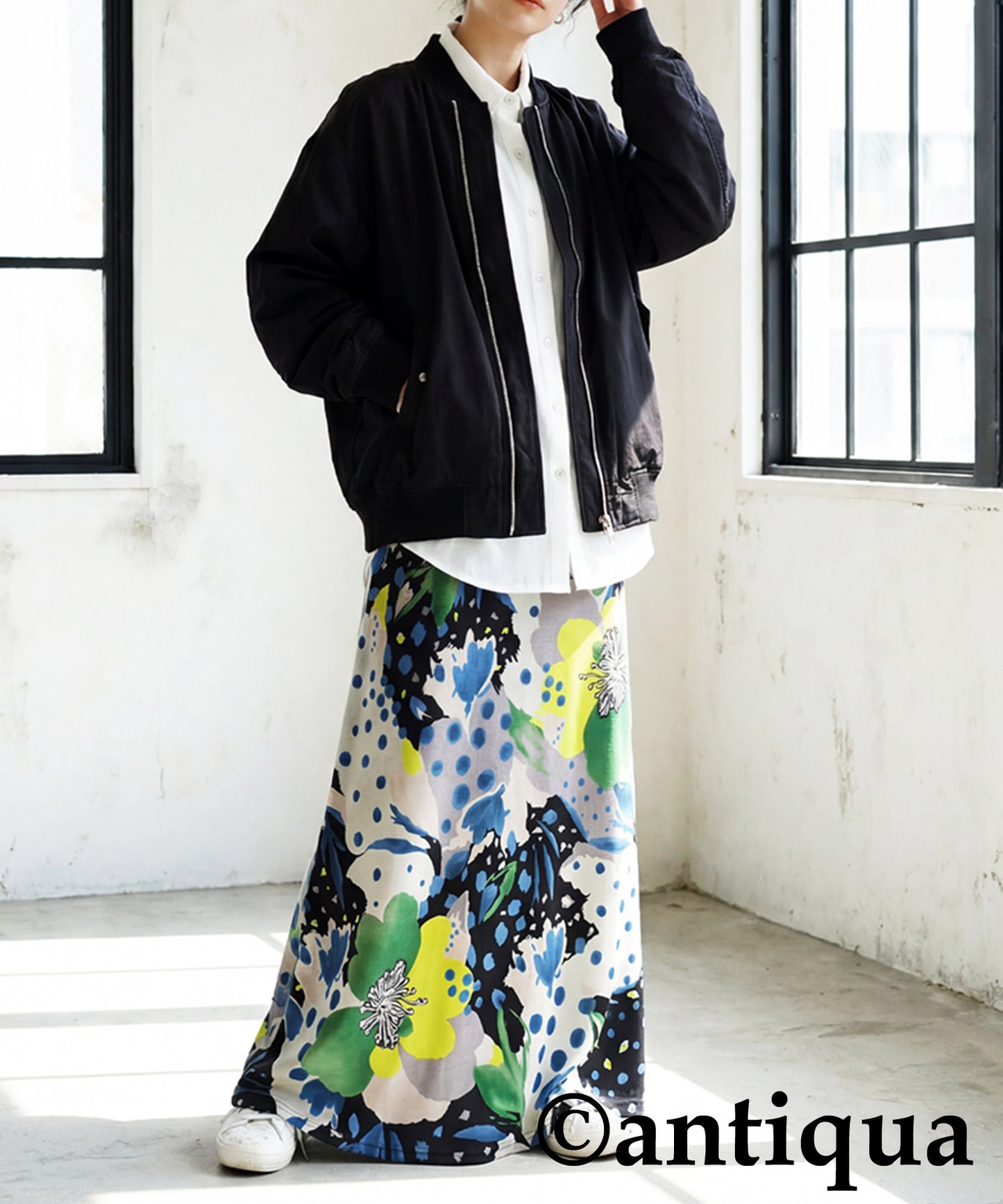 Dot and Floral Print Long Skirt Ladies