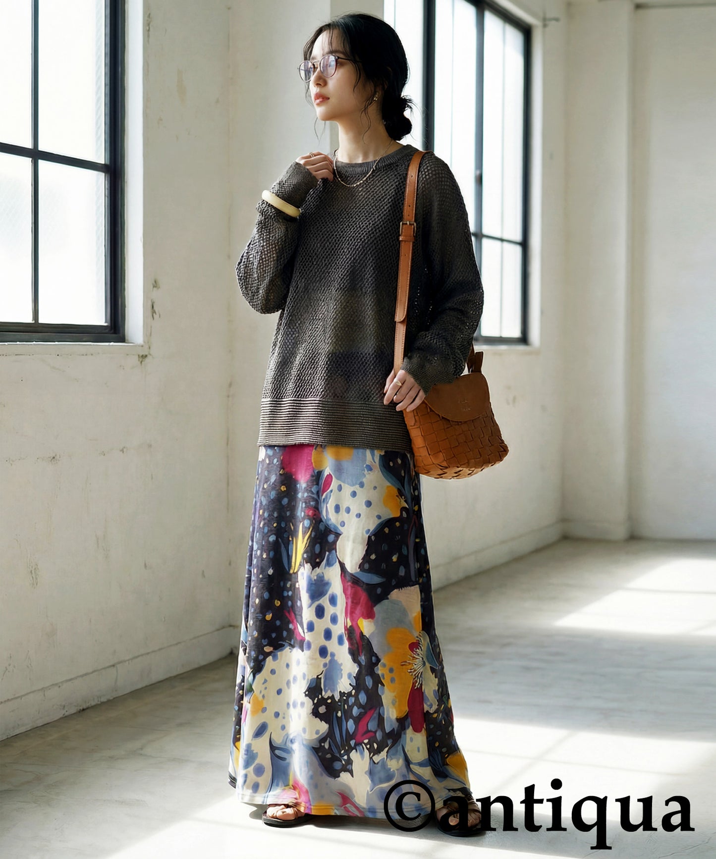 Dot and Floral Print Long Skirt Ladies