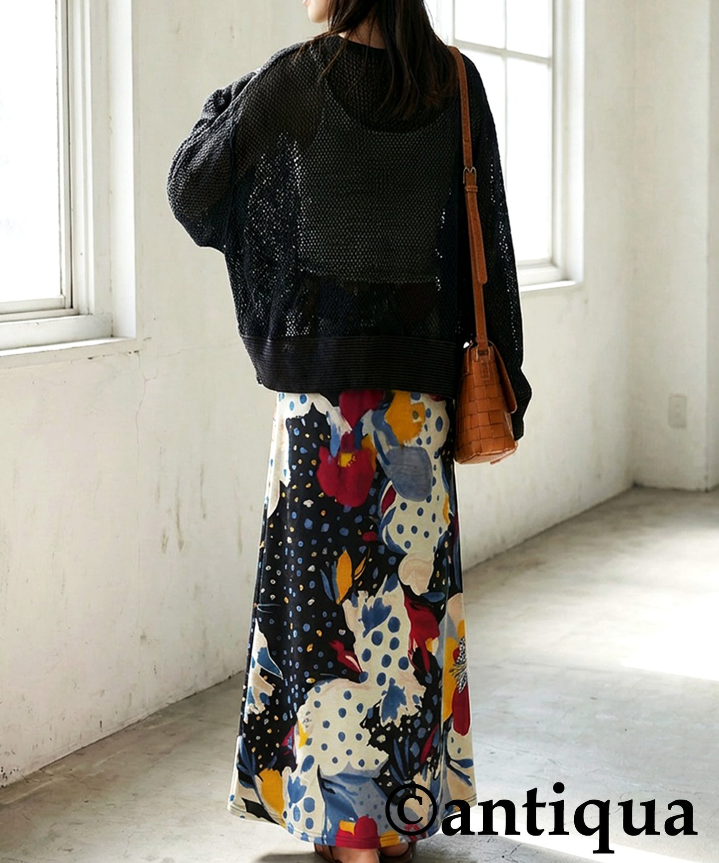 Dot and Floral Print Long Skirt Ladies