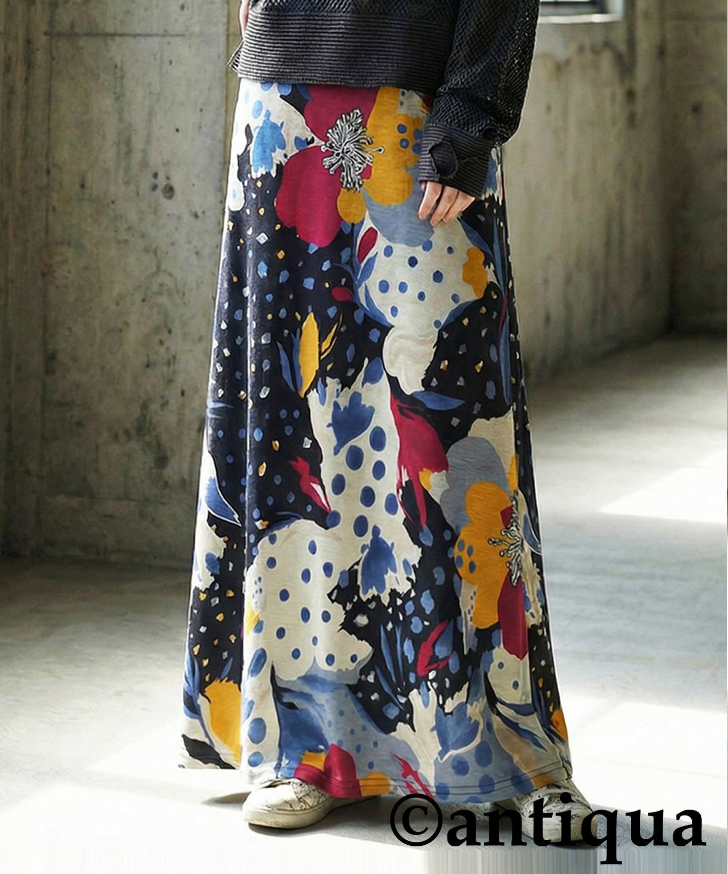 Dot and Floral Print Long Skirt Ladies