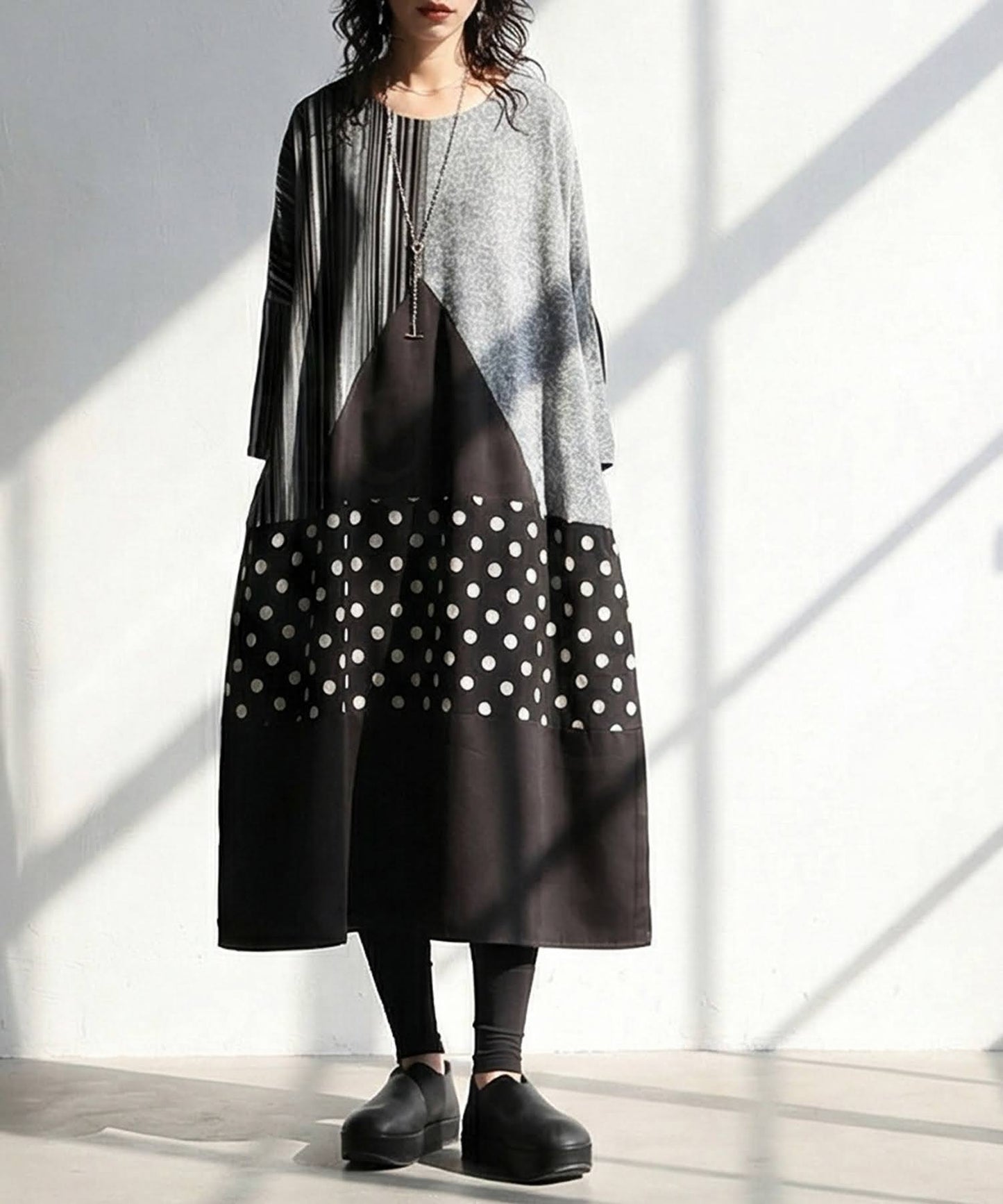 Three-Quarter Sleeve Long Dress With Different Material Switching Ladies