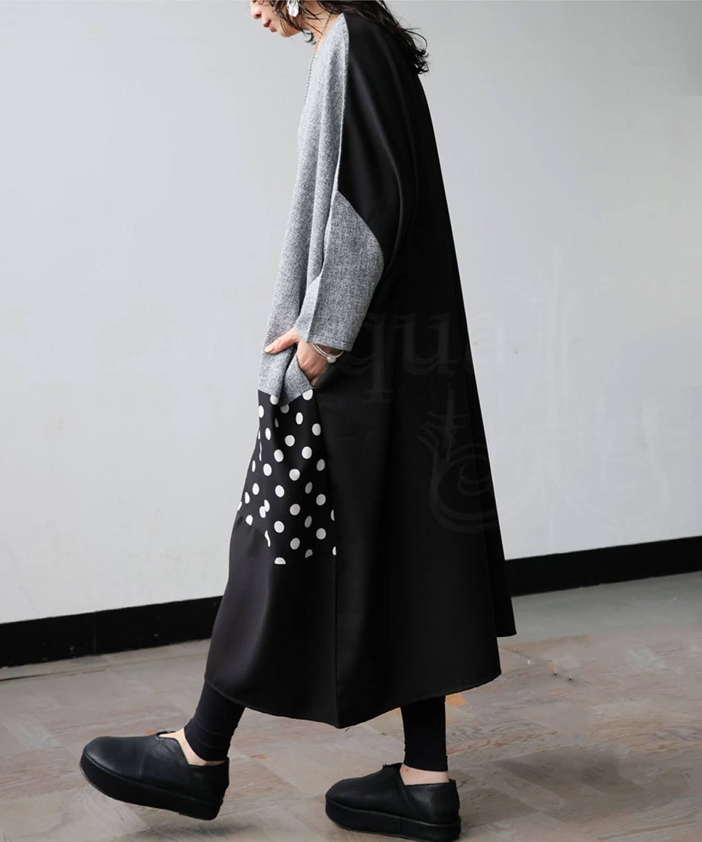 Three-Quarter Sleeve Long Dress With Different Material Switching Ladies