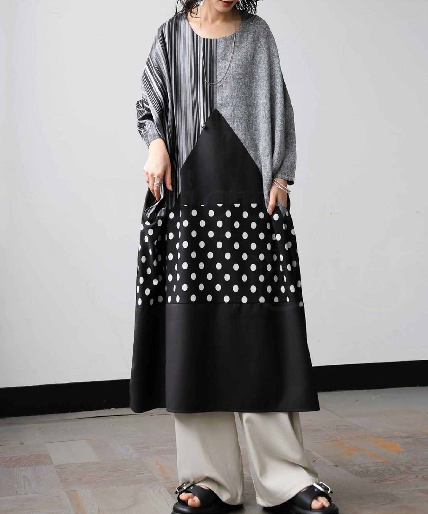 Three-Quarter Sleeve Long Dress With Different Material Switching Ladies