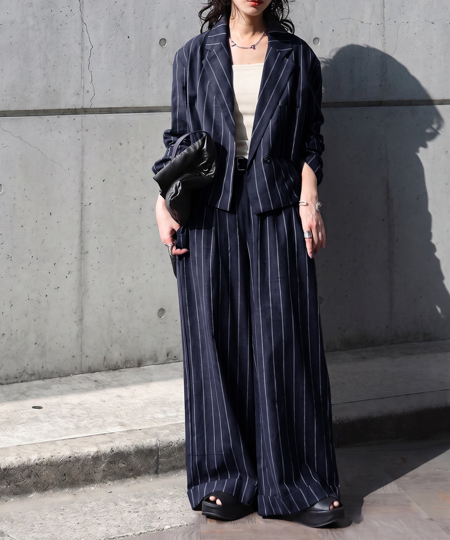 Short-Length Cotton-Linen Blend Striped Tailored Jacket Ladies