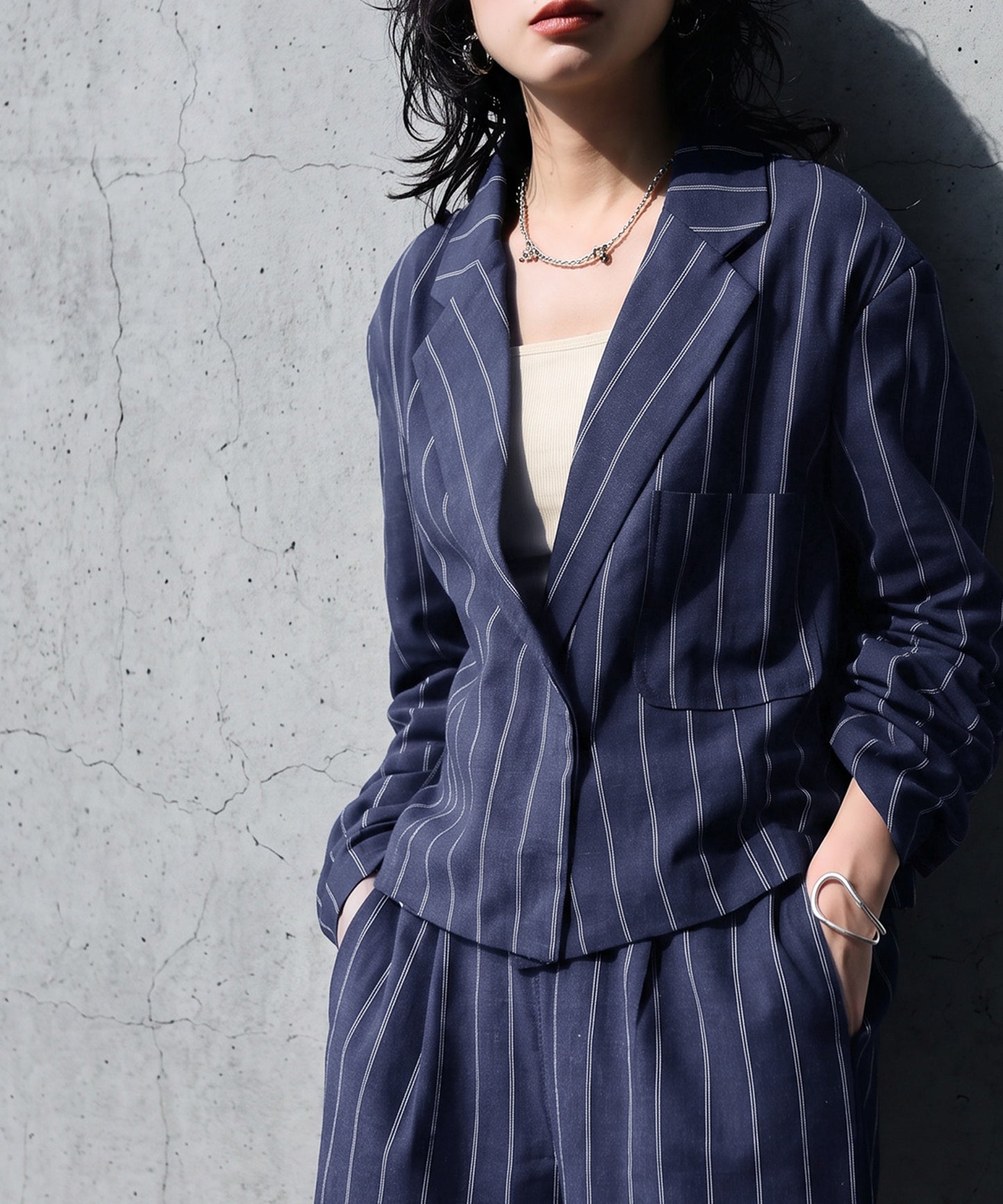 Short-Length Cotton-Linen Blend Striped Tailored Jacket Ladies