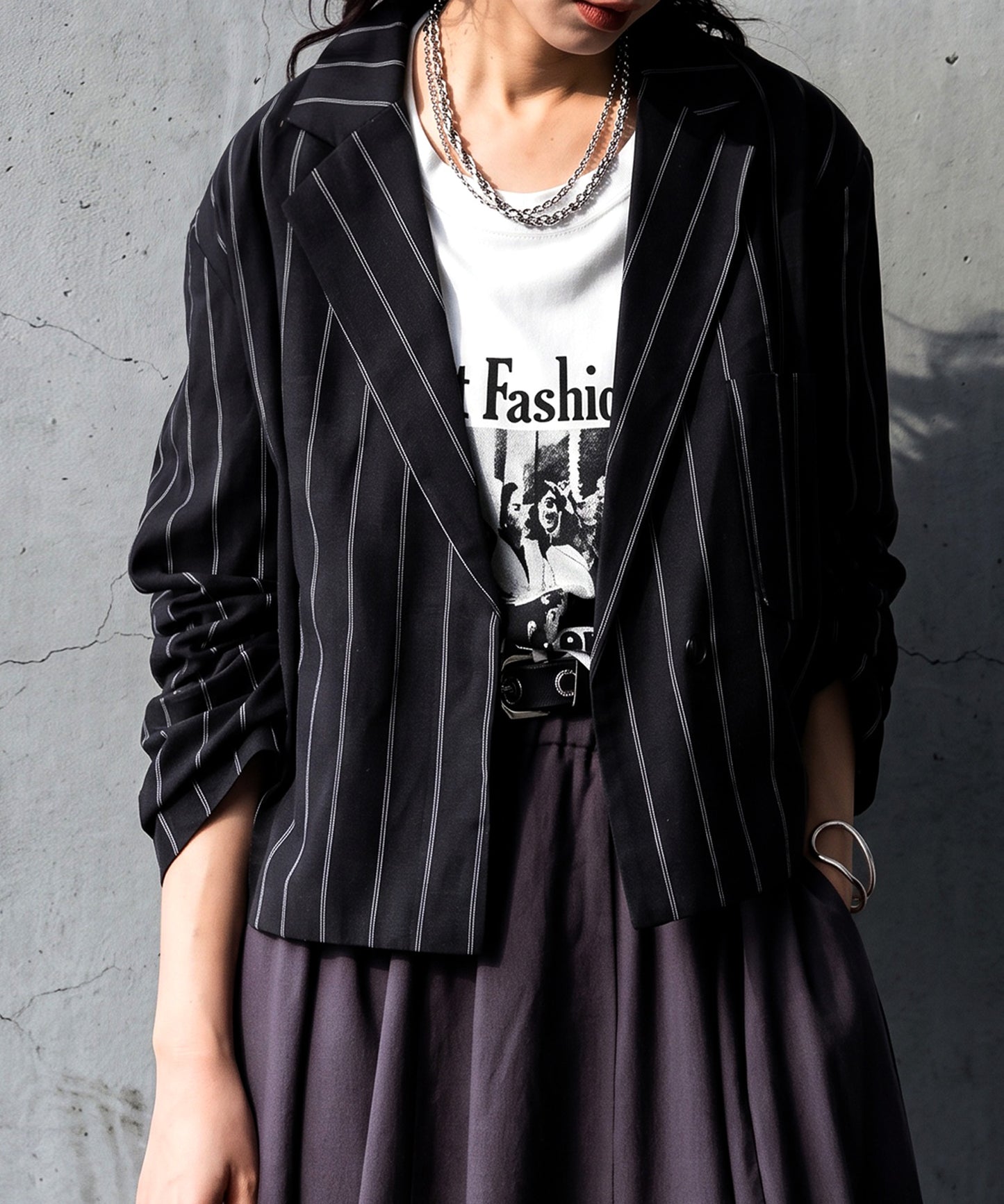 Short-Length Cotton-Linen Blend Striped Tailored Jacket Ladies