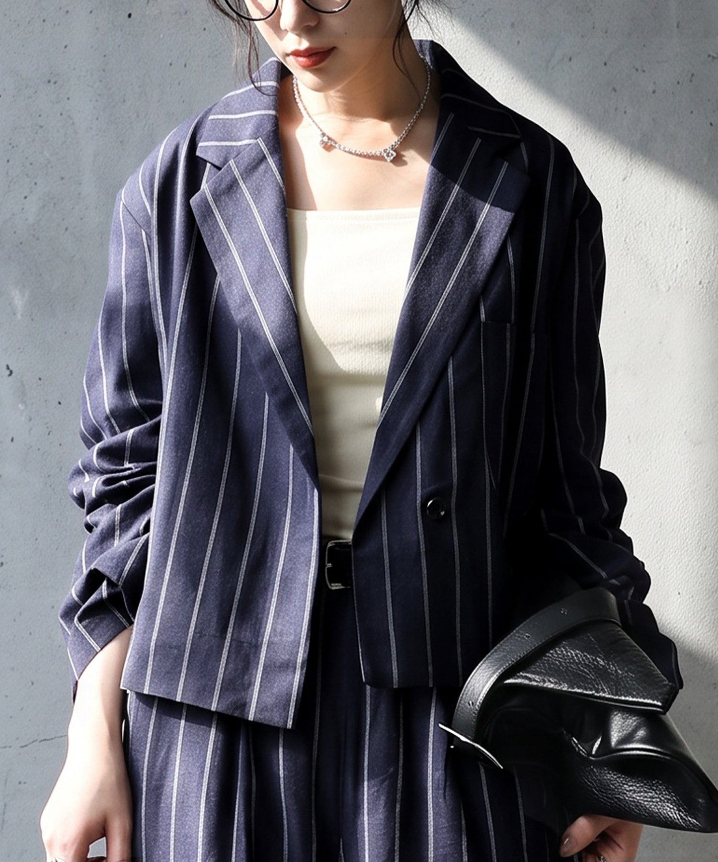 Short-Length Cotton-Linen Blend Striped Tailored Jacket Ladies