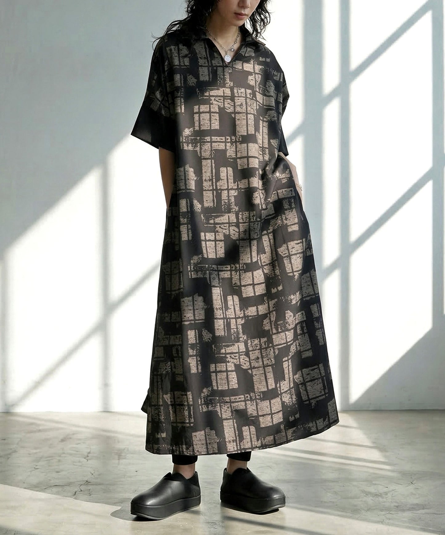 Geometric Print A-Line Short-Sleeved Dress Ladies