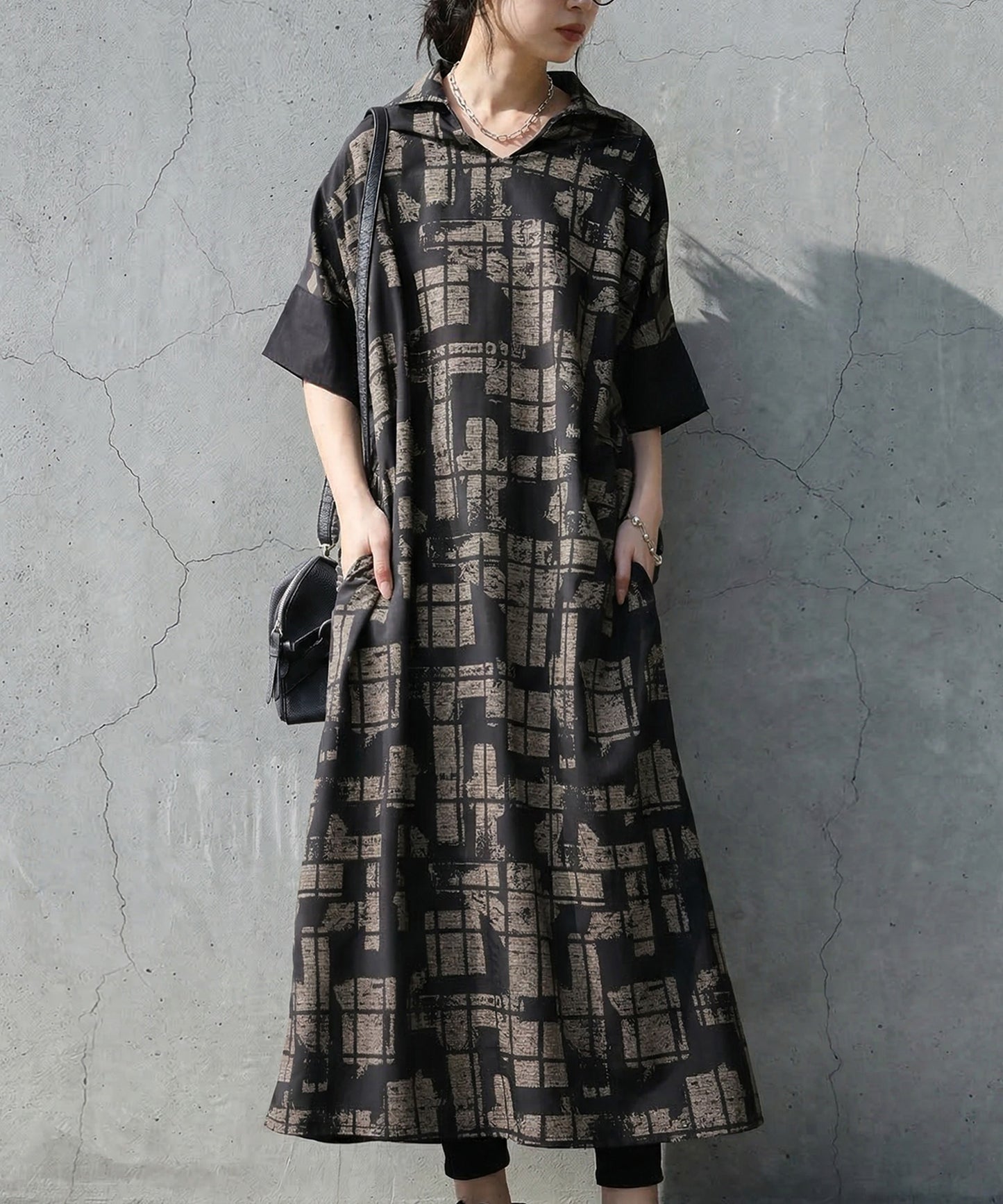 Geometric Print A-Line Short-Sleeved Dress Ladies