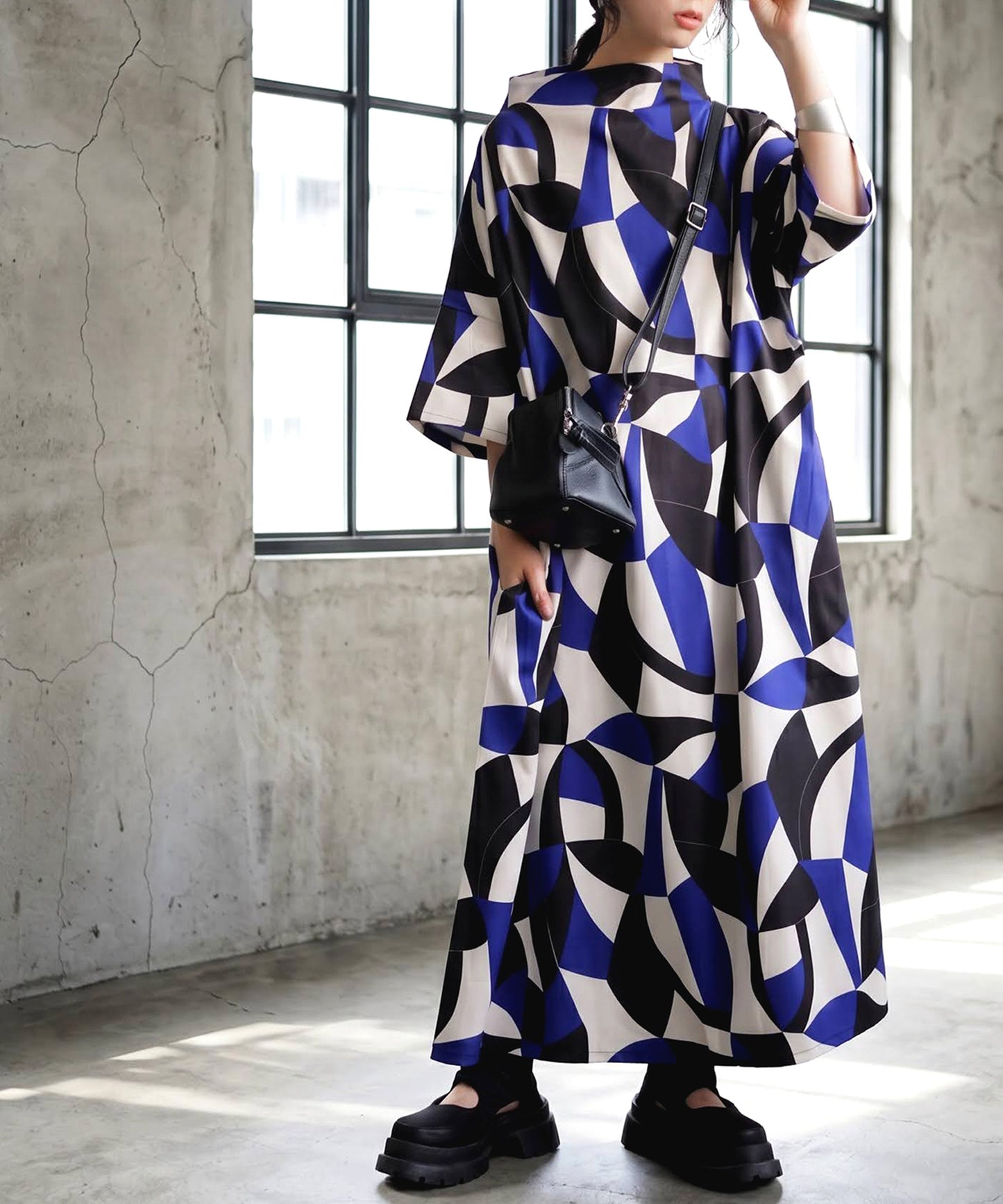 Geometric Pattern Turtleneck Dress Ladies