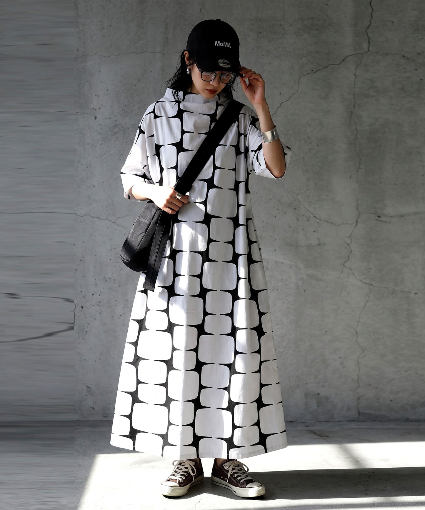 Geometric Pattern Stand-Neck Dress Ladies