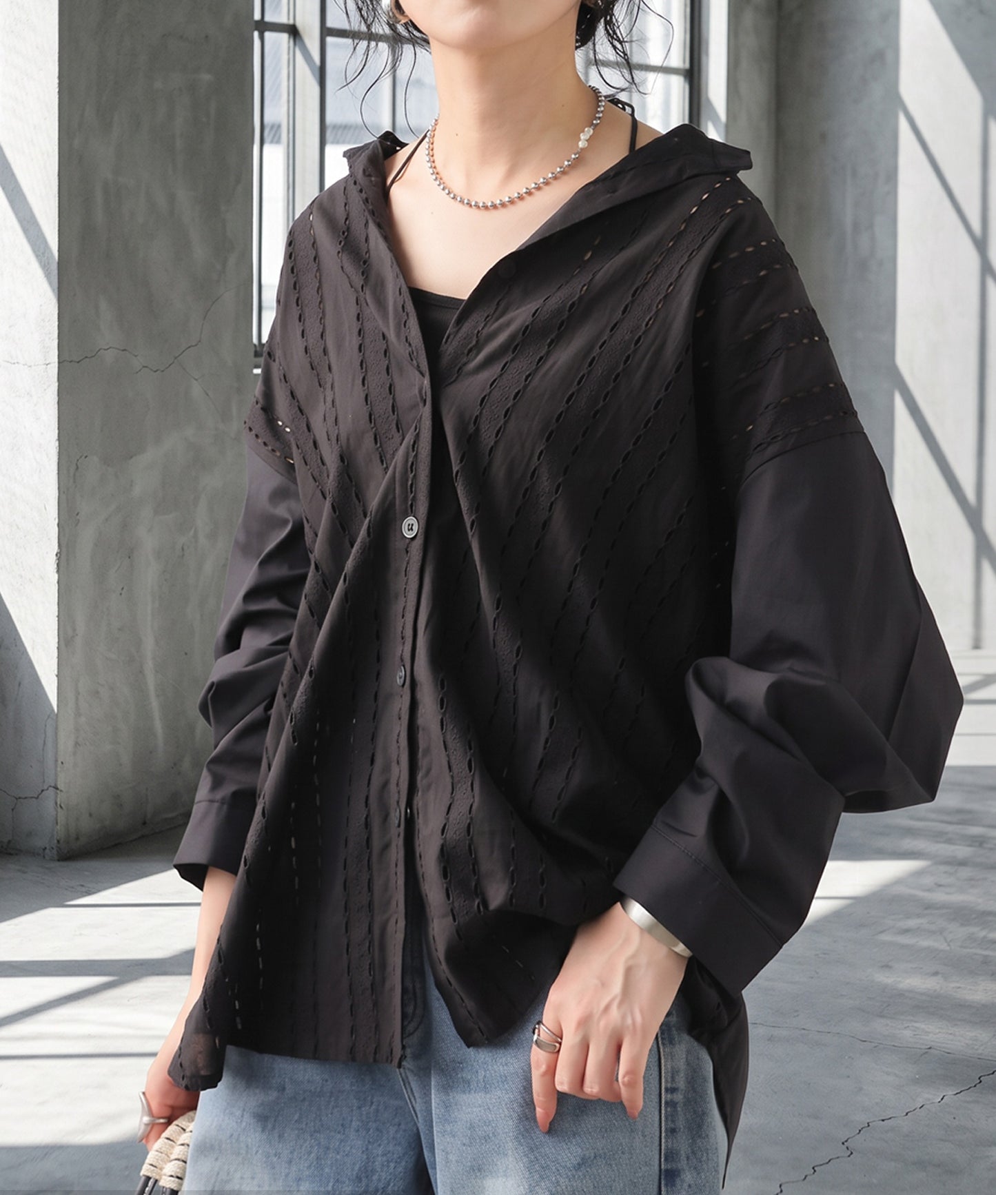 Lace-Trimmed Cotton Sheer Shirt Ladies