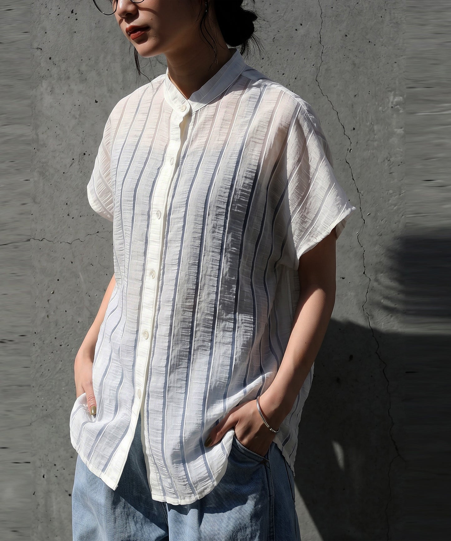 Sheer Striped French Sleeve Shirt Ladies