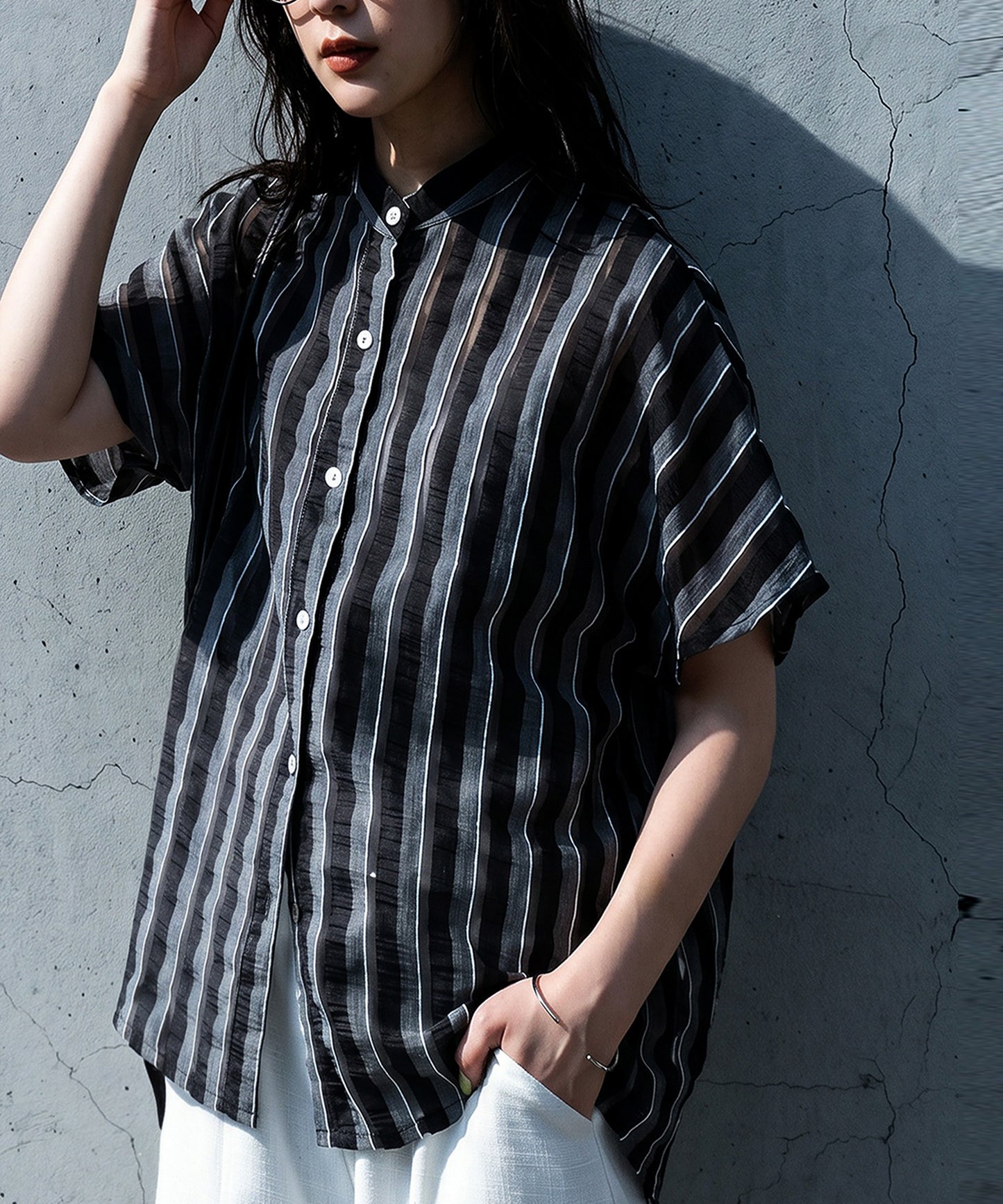 Sheer Striped French Sleeve Shirt Ladies