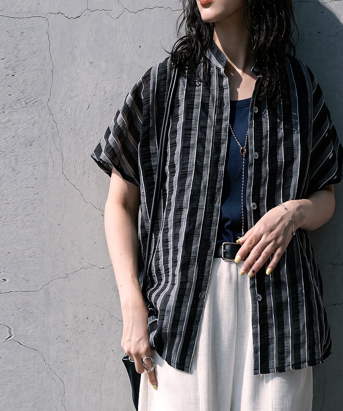 Sheer Striped French Sleeve Shirt Ladies