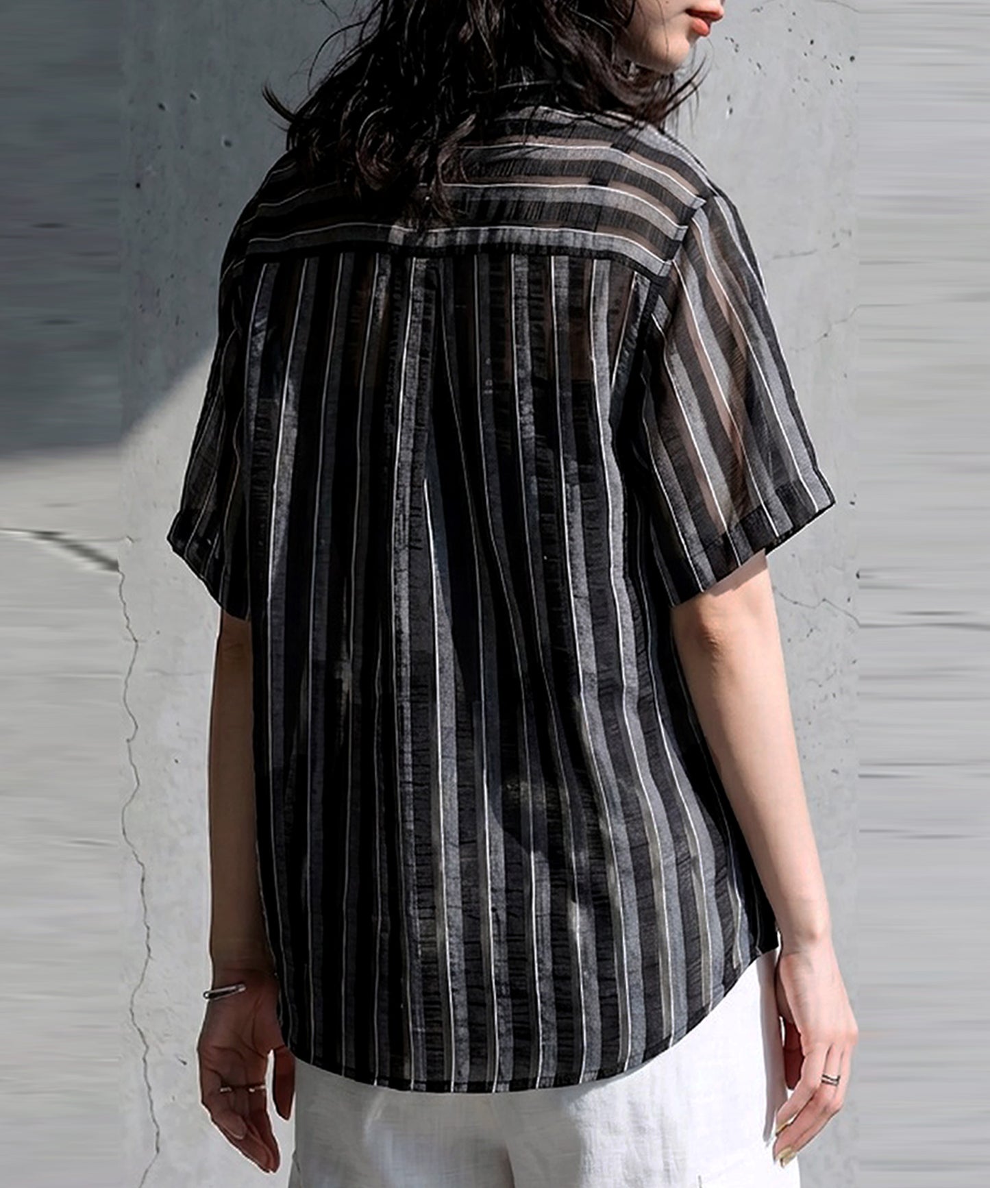 Sheer Striped French Sleeve Shirt Ladies