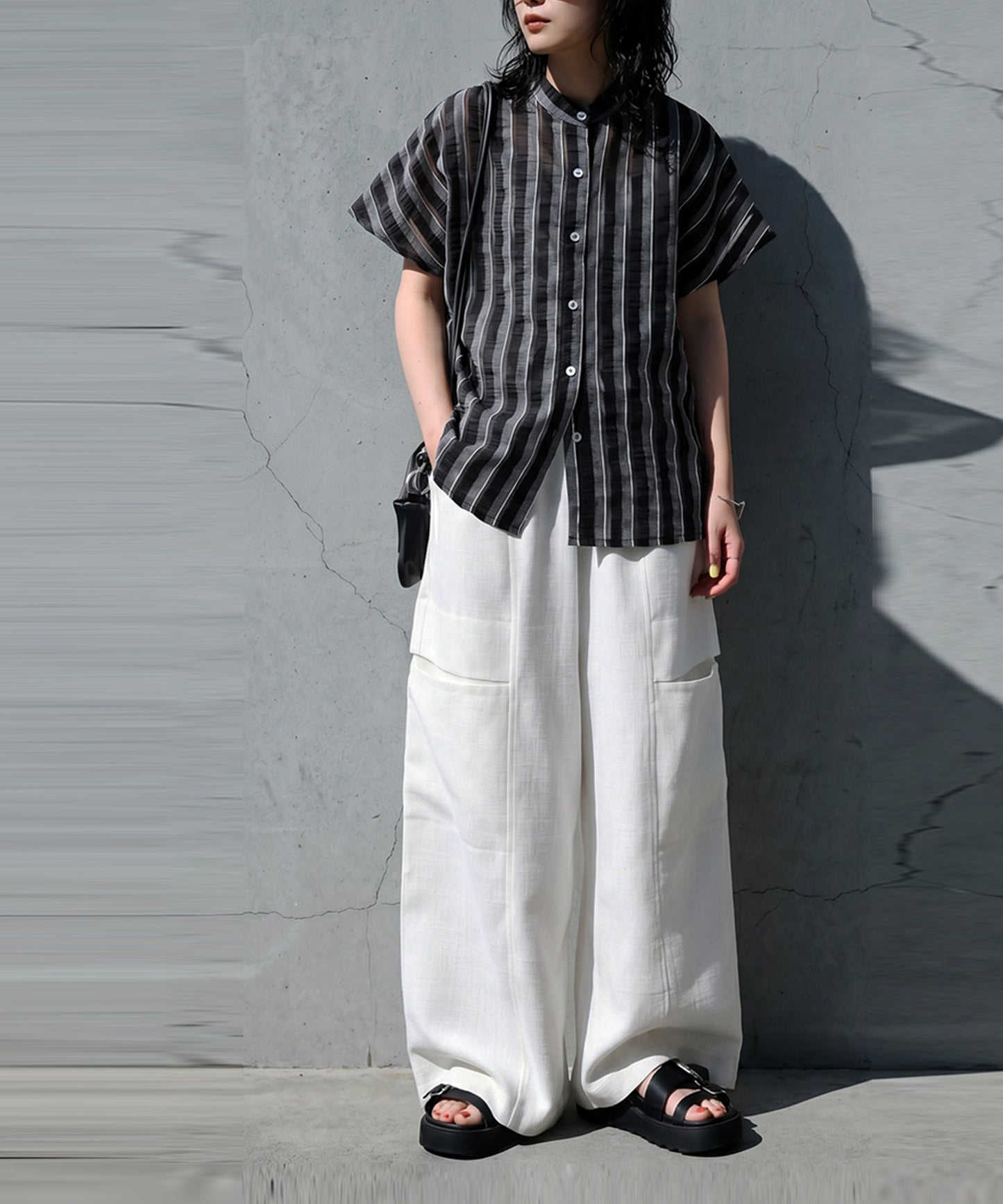 Sheer Striped French Sleeve Shirt Ladies