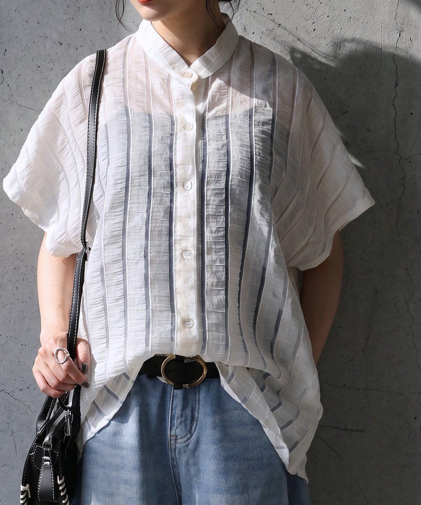 Sheer Striped French Sleeve Shirt Ladies