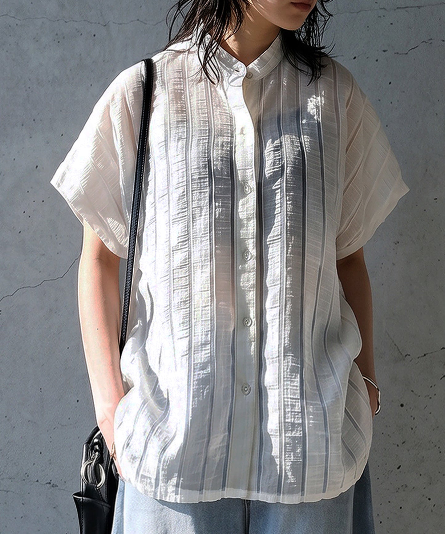 Sheer Striped French Sleeve Shirt Ladies