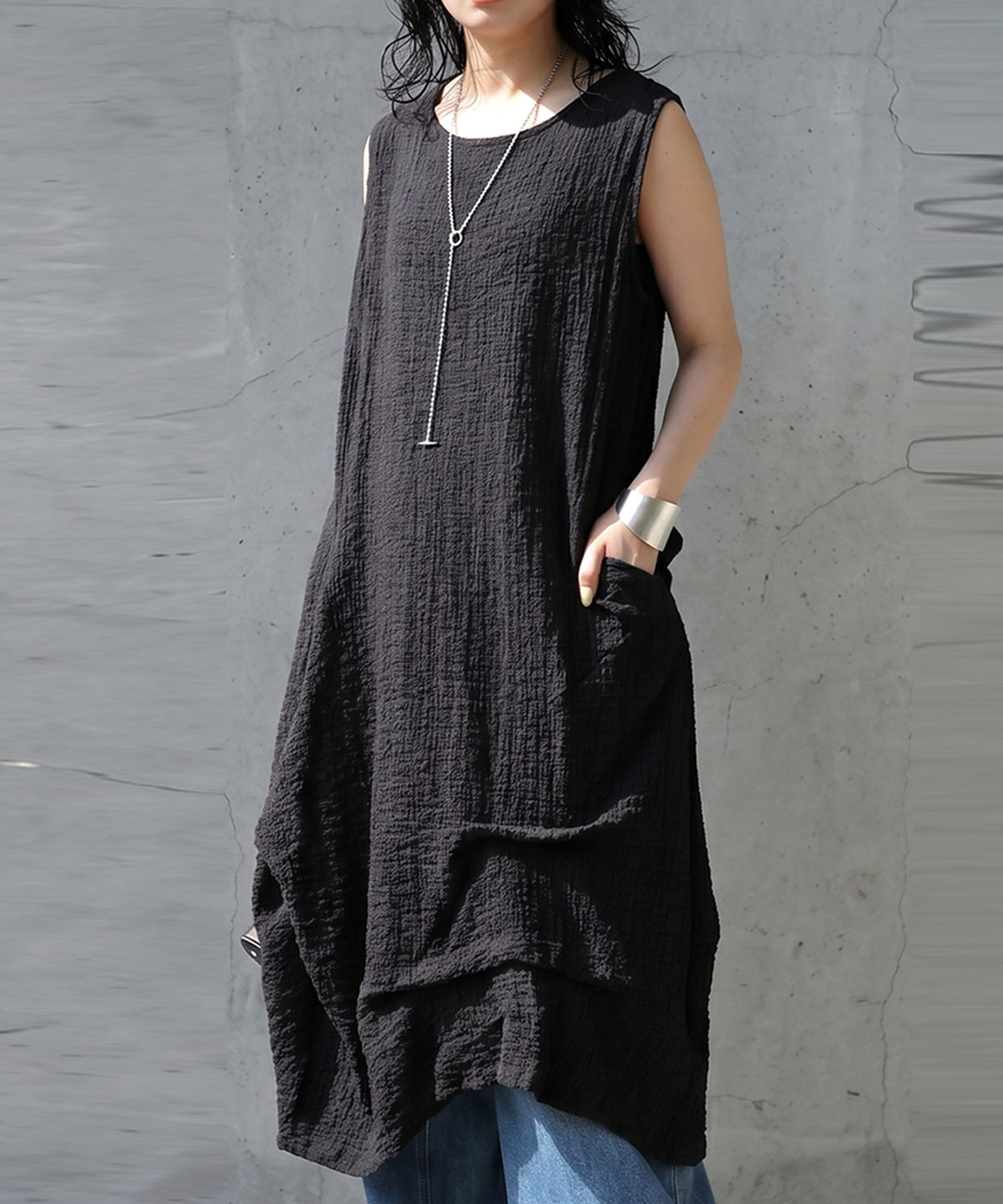 Sleeveless, Textured Fabric, Cocoon Silhouette Dress Ladies