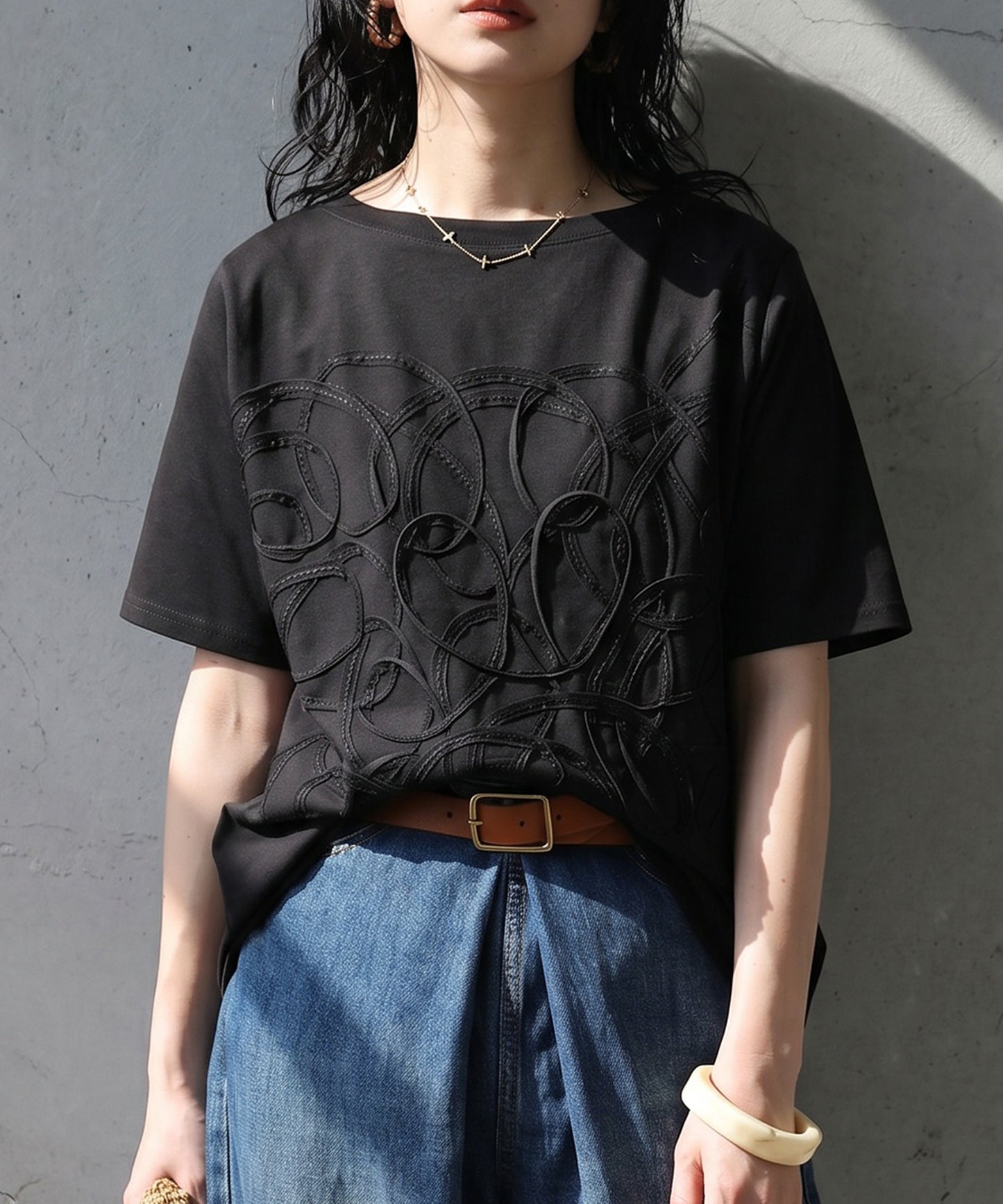 3D Embroidered Tape Design T-Shirt Ladies