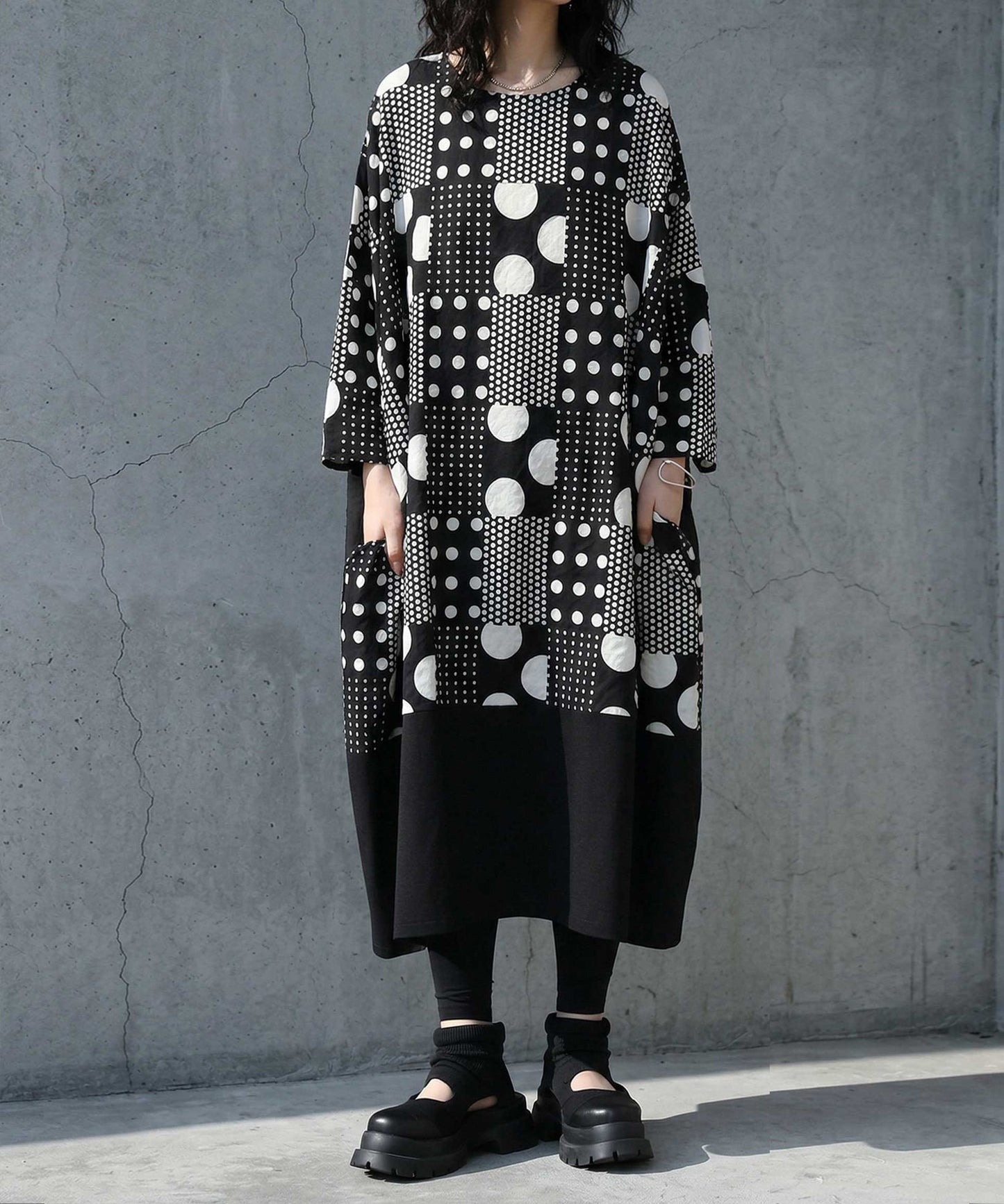 Polka Dot Cocoon Three-Quarter Sleeve Dress Ladies
