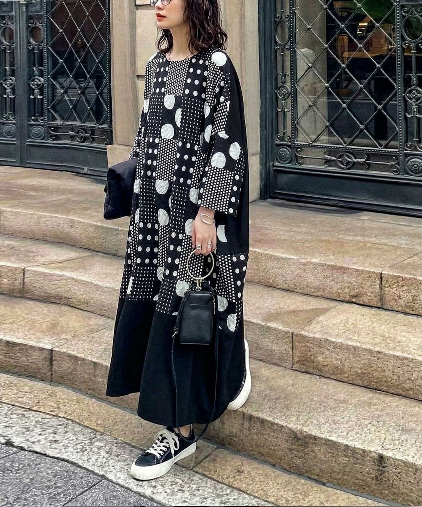 Polka Dot Cocoon Three-Quarter Sleeve Dress Ladies