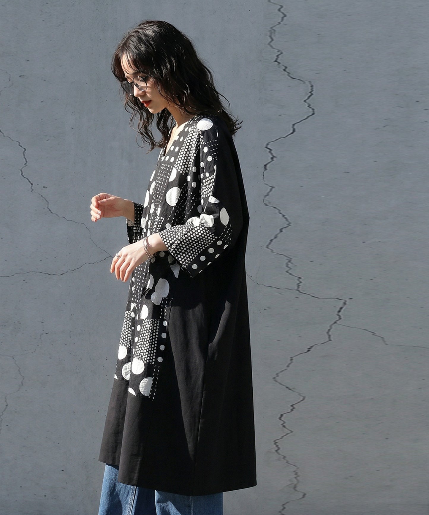 Polka Dot Cocoon Three-Quarter Sleeve Dress Ladies