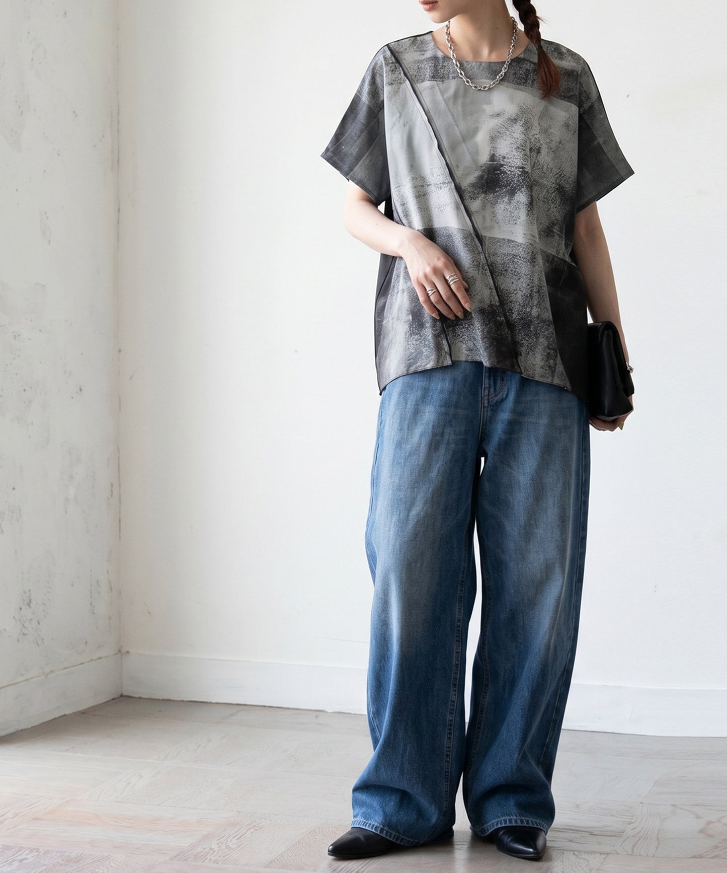Material-Blocked Art Print Dolman Top Ladies
