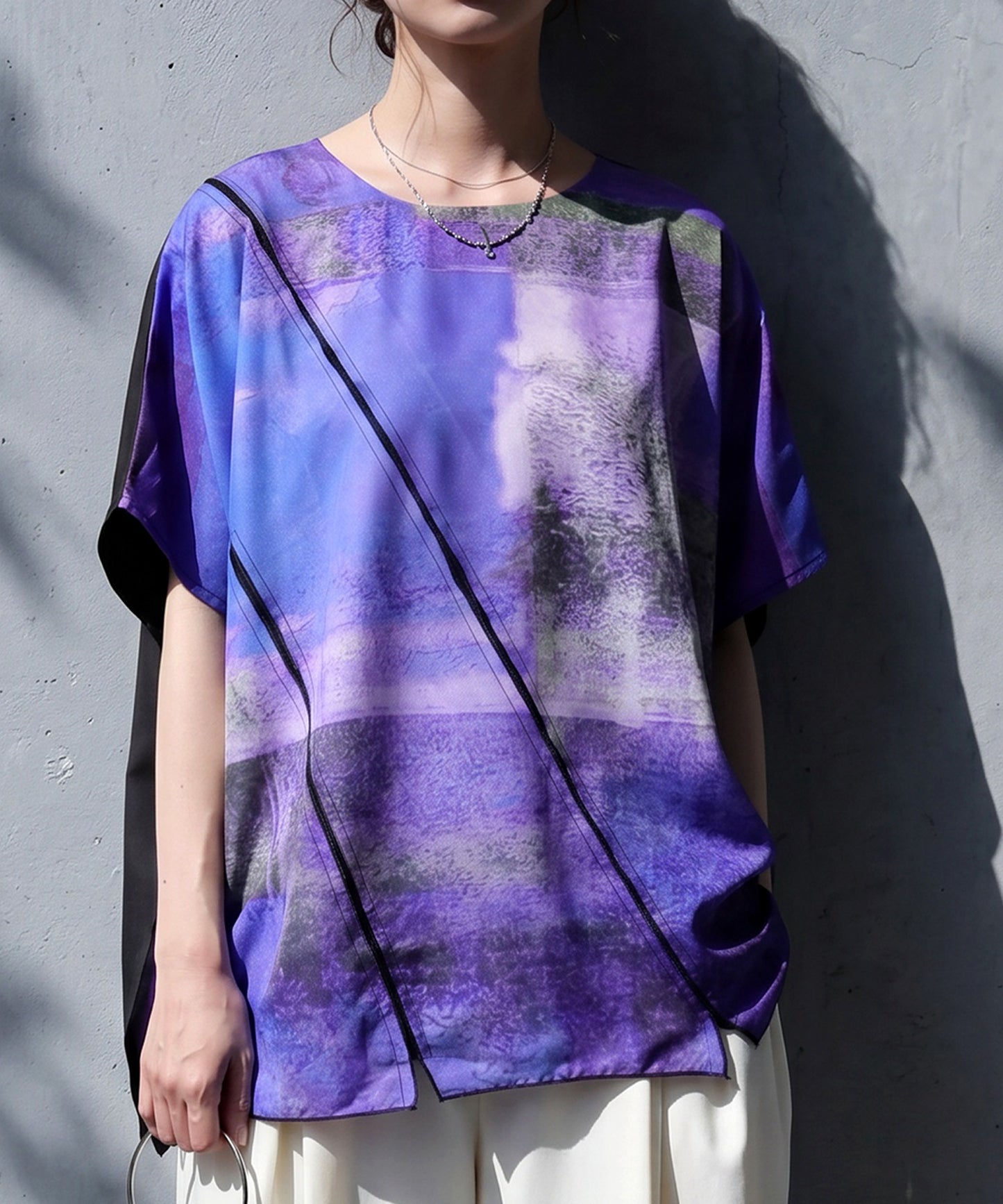 Material-Blocked Art Print Dolman Top Ladies