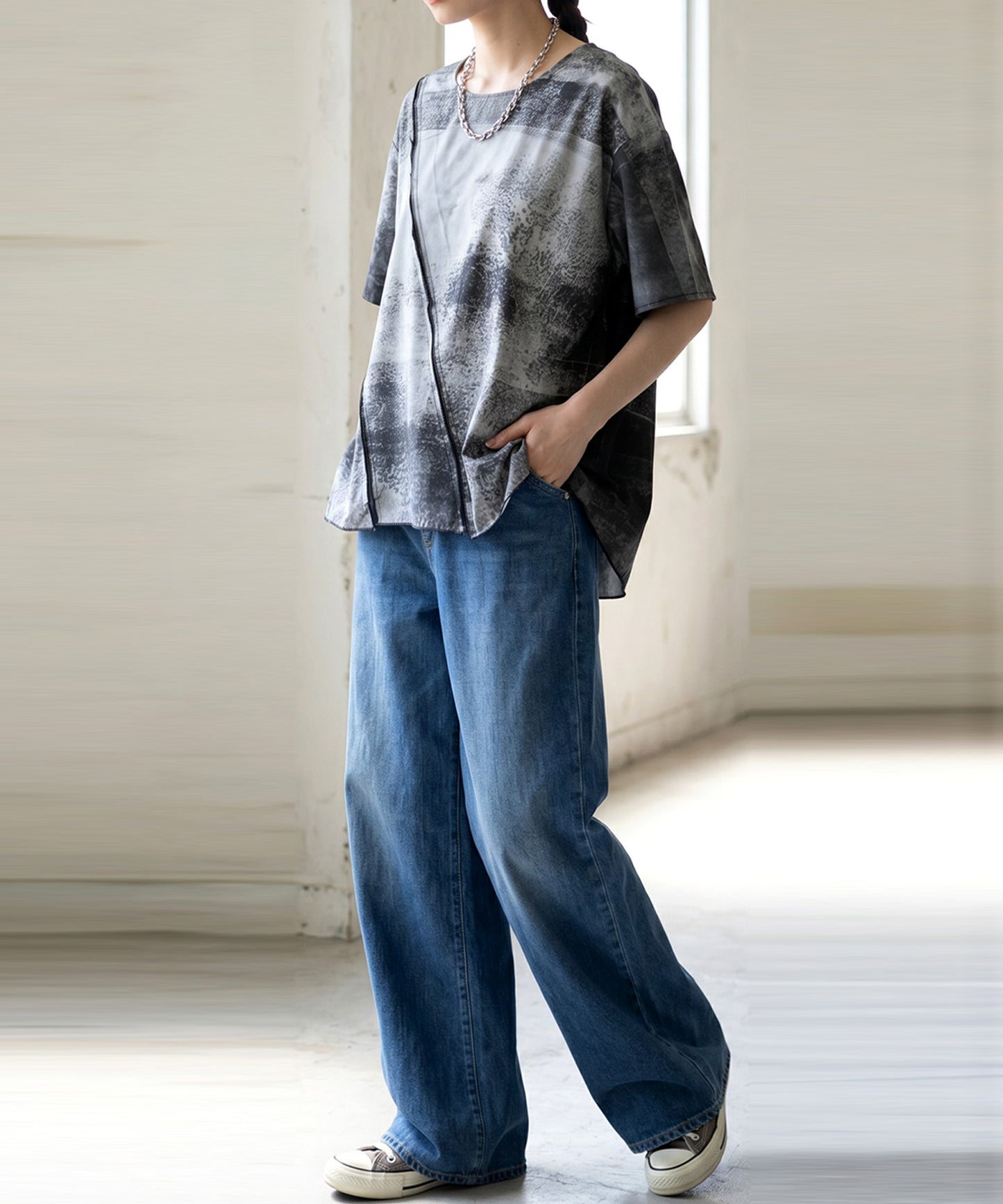 Material-Blocked Art Print Dolman Top Ladies