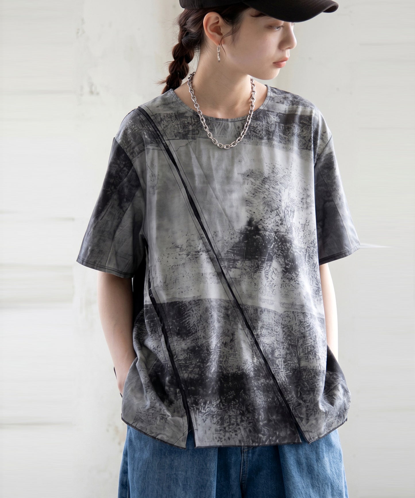 Material-Blocked Art Print Dolman Top Ladies